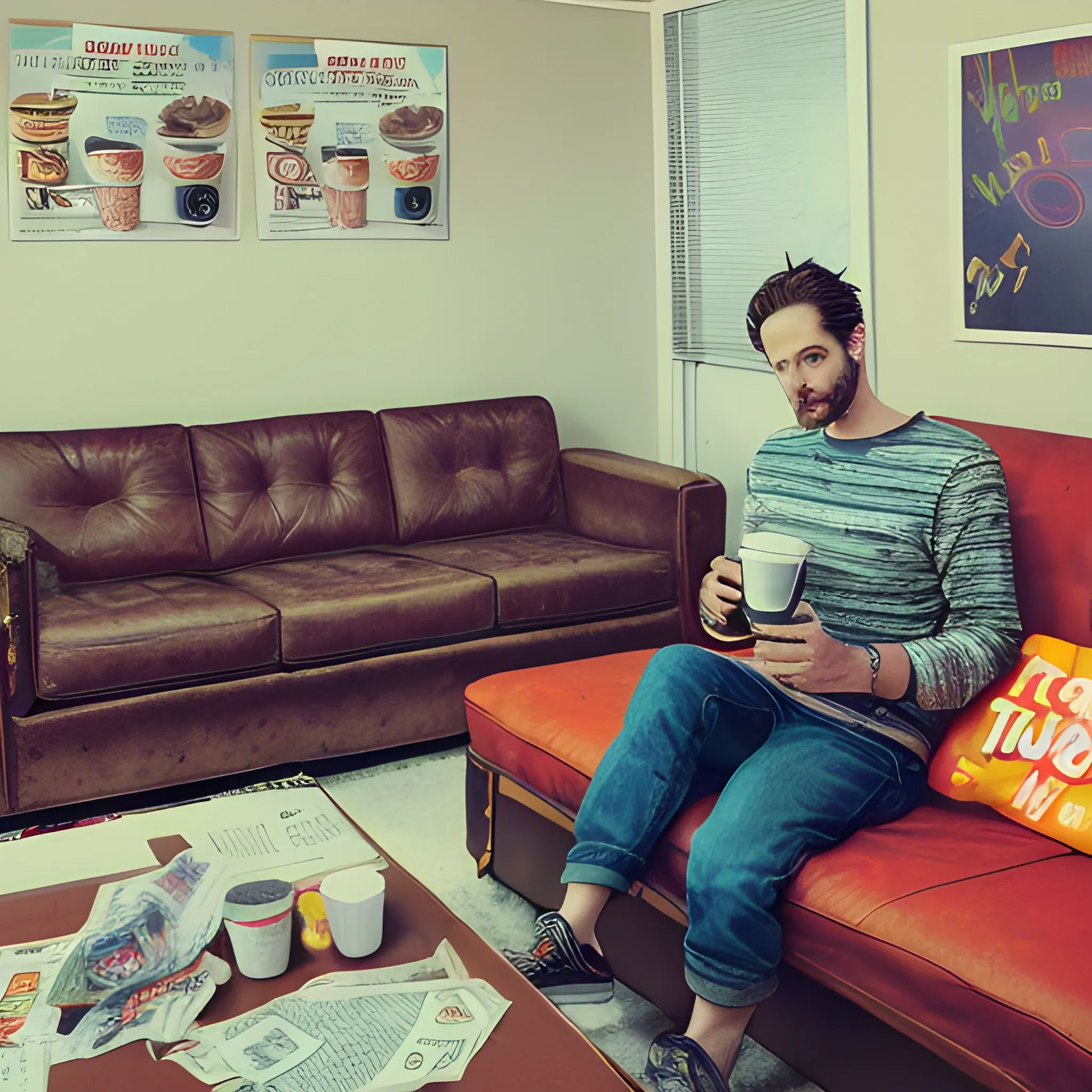 a room which is cluttered with fast food wrappers and empty coffee cups. TOM, a man in his early thirties, lounges on a couch, scrolling through his phone., , Trippy