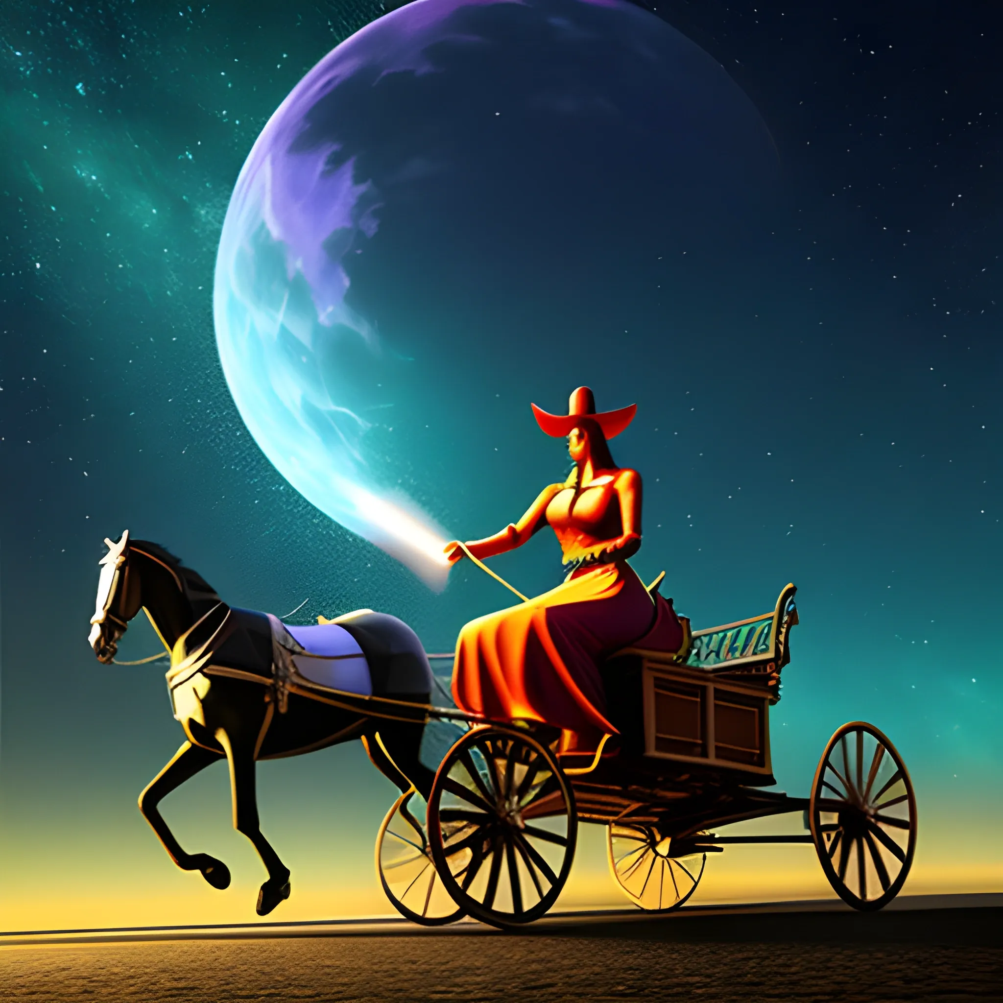 a beautiful girl riding horse cart escaping from dark energy 
, Trippy, 3D