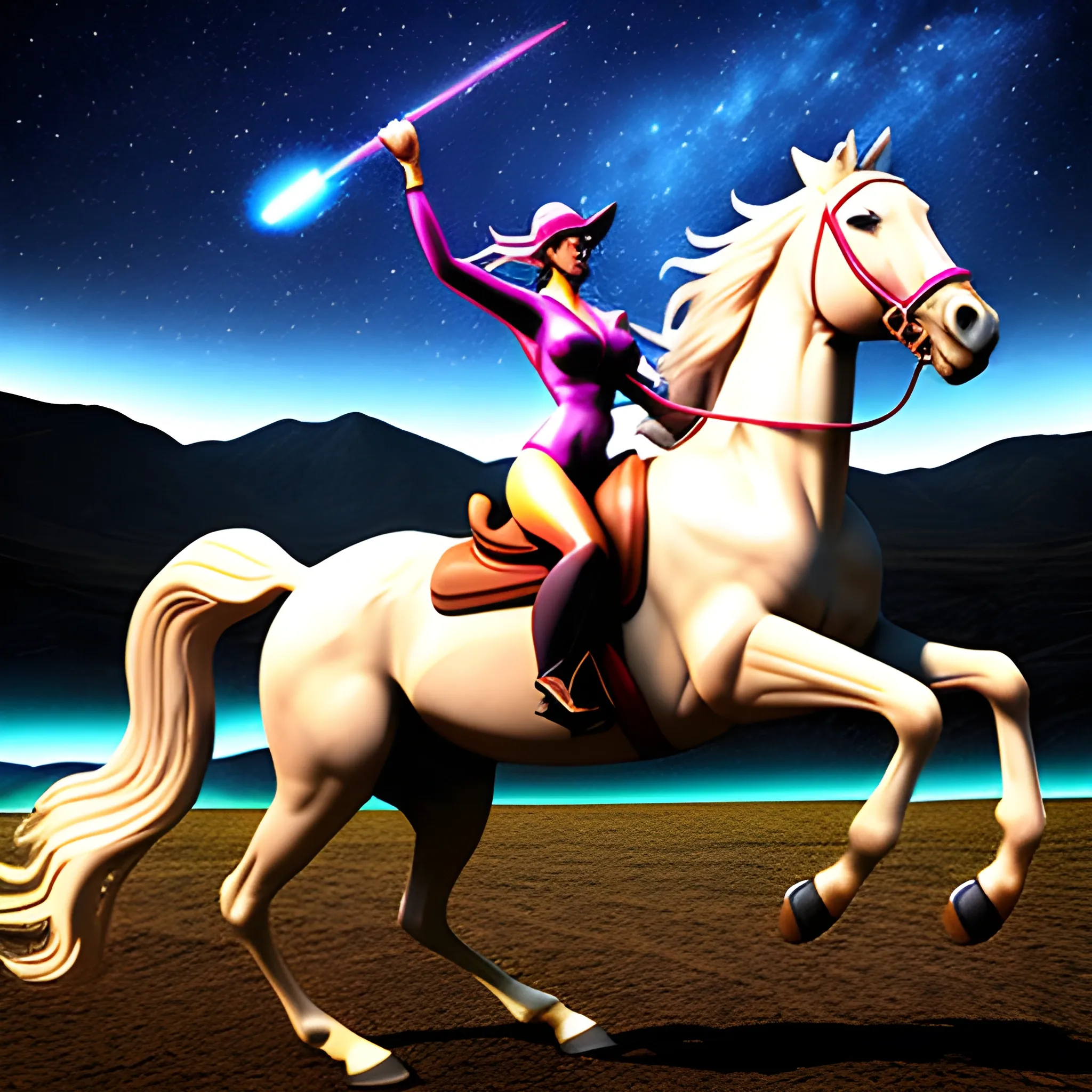 girl riding wild horse escaping from dark energy , Trippy, 3D