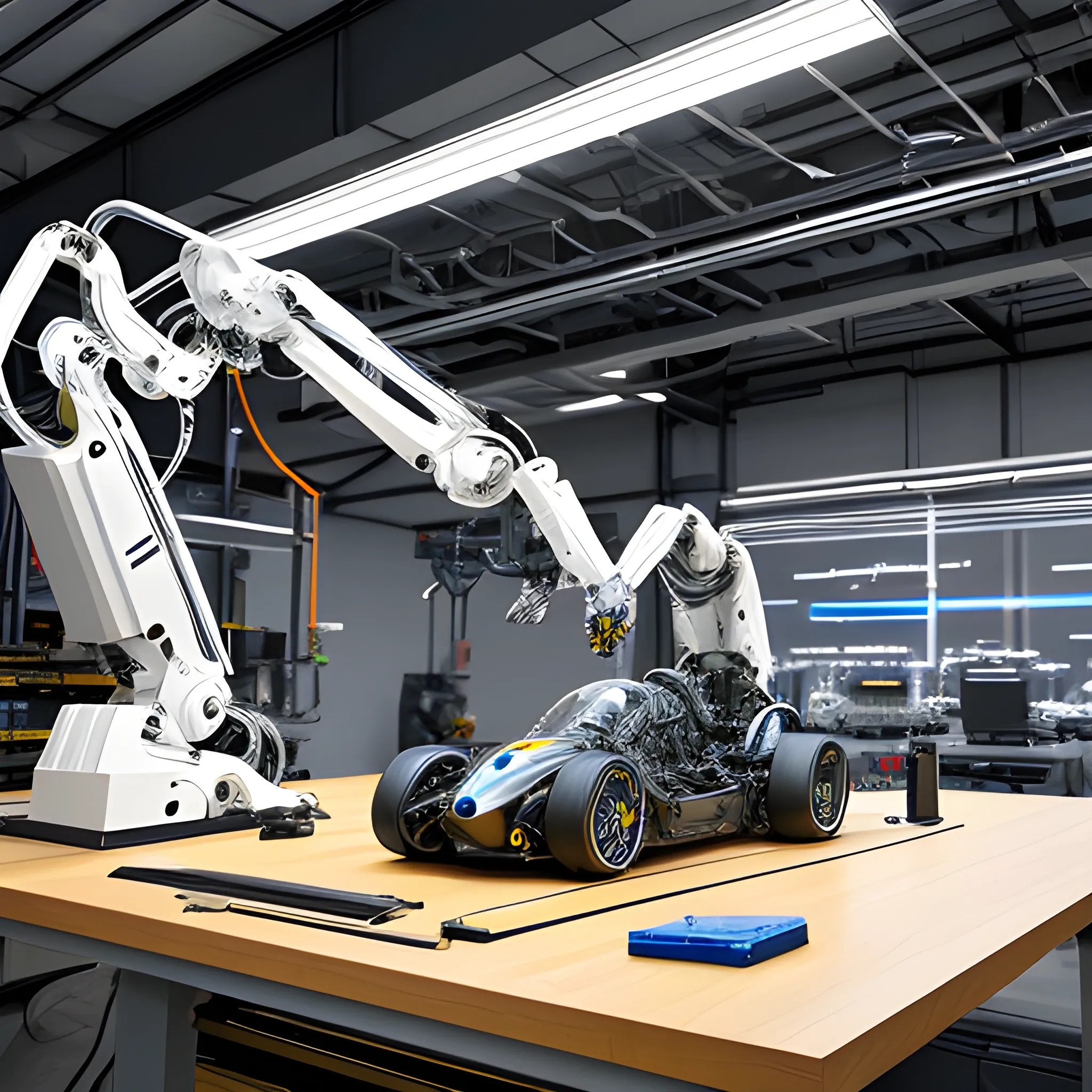 A highly realistic image of multiple robotic arms and two young scientists sit on the table and programming and The robotic arms are state-of-the-art, with precise and synchronized movements, working on various parts of the car, assembling a race Formula car in a modern, high-tech workshop. The two young scientists, dressed in lab coats and safety gear, are actively involved in the process, monitoring and guiding the assembly. The scene is filled with detailed mechanical components and tools, showcasing the advanced technology used in the assembly process. The background features advanced machinery and a well-lit, pristine workshop environment, highlighting the meticulous and sophisticated nature of the task.