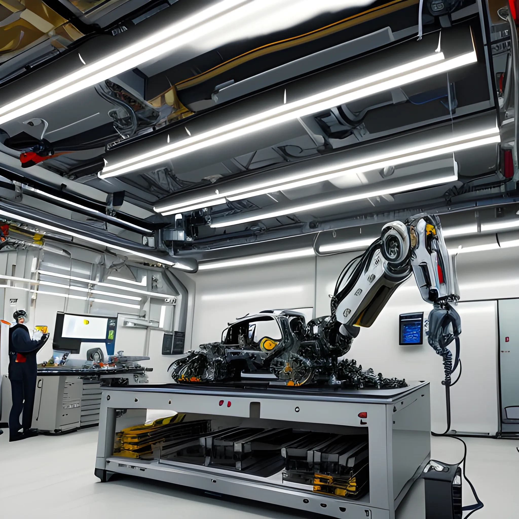 A highly Pencil sketch image of multiple robotic arms and two young scientists sit on the table and programming and The robotic arms are state-of-the-art, with precise and synchronized movements, working on various parts of the car, assembling a race Formula car in a modern, high-tech workshop. The two young scientists, dressed in lab coats and safety gear, are actively involved in the process, monitoring and guiding the assembly. The scene is filled with detailed mechanical components and tools, showcasing the advanced technology used in the assembly process. The background features advanced machinery and a well-lit, pristine workshop environment, highlighting the meticulous and sophisticated nature of the task.