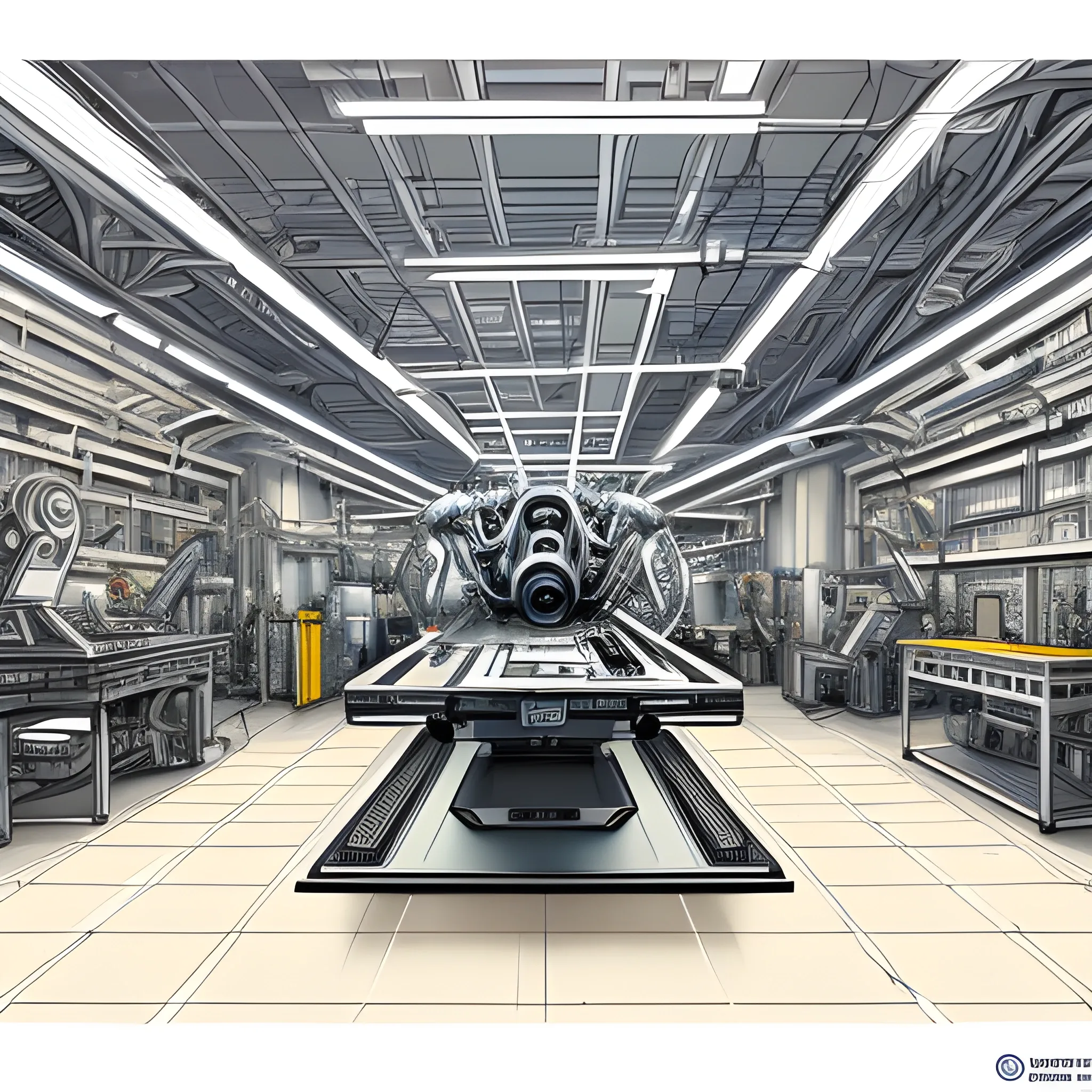 A highly Pencil sketch image of multiple robotic arms and two young scientists sit on the table and programming and The robotic arms are state-of-the-art, with precise and synchronized movements, working on various parts of the car, assembling a race Formula car in a modern, high-tech workshop. The two young scientists, dressed in lab coats and safety gear, are actively involved in the process, monitoring and guiding the assembly. The scene is filled with detailed mechanical components and tools, showcasing the advanced technology used in the assembly process. The background features advanced machinery and a well-lit, pristine workshop environment, highlighting the meticulous and sophisticated nature of the task, Pencil Sketch