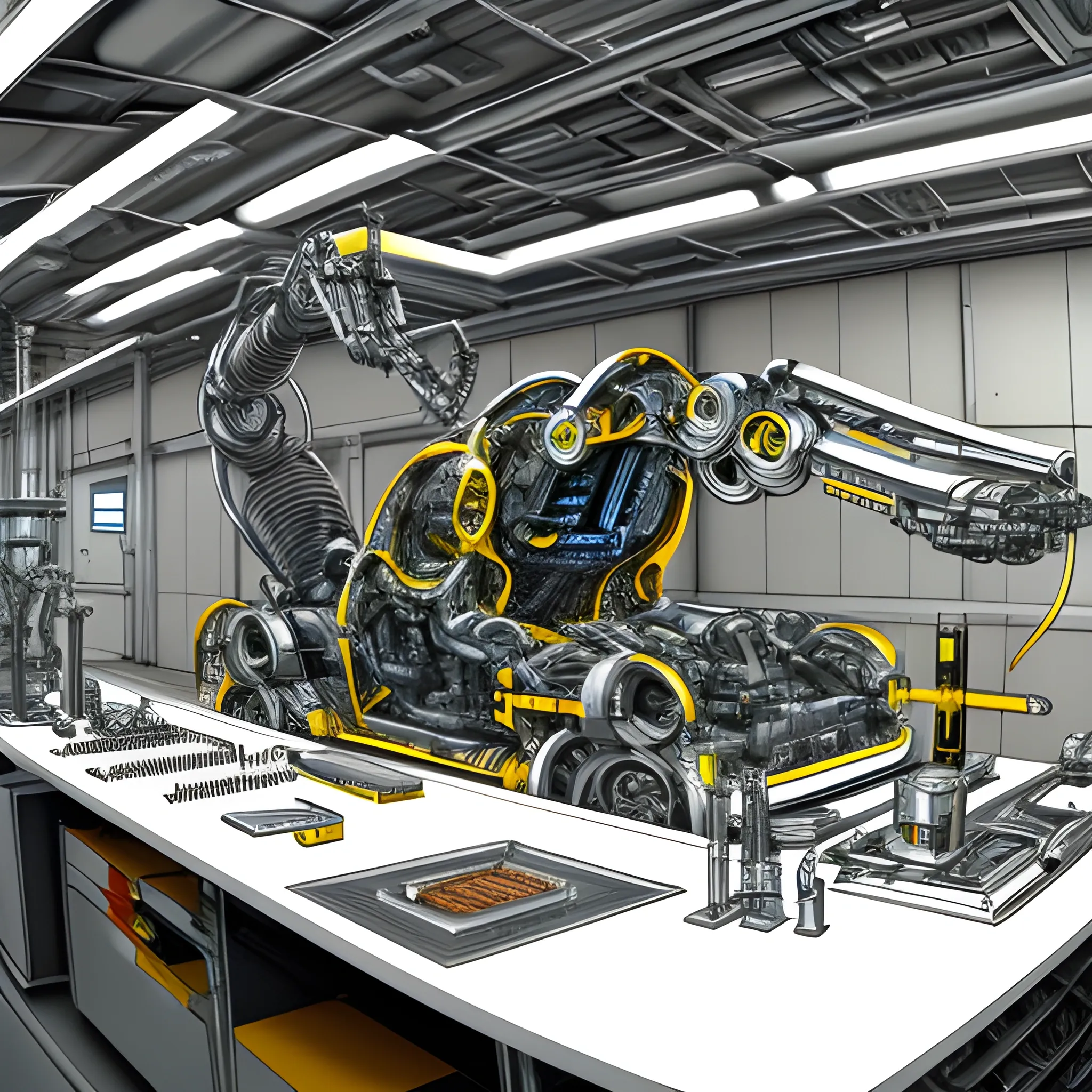 A Pencil sketch image of multiple robotic arms and two young scientists sit on the table and programming and The robotic arms are state-of-the-art, with precise and synchronized movements, working on various parts of the car, assembling a race Formula car in a modern, high-tech workshop. The two young scientists, dressed in lab coats and safety gear, are actively involved in the process, monitoring and guiding the assembly. The scene is filled with detailed mechanical components and tools, showcasing the advanced technology used in the assembly process. The background features advanced machinery and a well-lit, pristine workshop environment, highlighting the meticulous and sophisticated nature of the task, Pencil Sketch