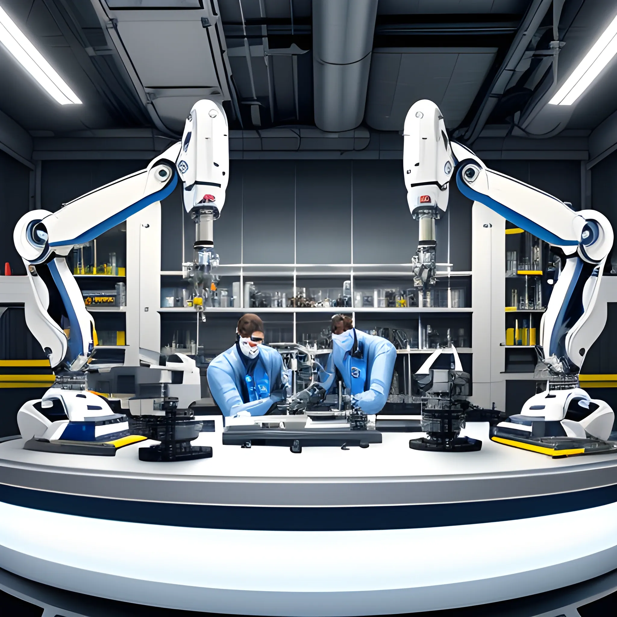 A highly realistic image of multiple robotic arms and two young scientists, whose faces are not visible, working on robots and robotic arms in a modern, high-tech workshop. The robotic arms are state-of-the-art, with precise and synchronized movements, being fine-tuned and calibrated by the scientists. The two young scientists, dressed in lab coats and safety gear, are positioned with their backs to the camera, actively involved in the process. The scene is filled with detailed mechanical components and tools, showcasing the advanced technology being developed. The background features advanced machinery and a well-lit, pristine workshop environment, highlighting the meticulous and sophisticated nature of their work. 