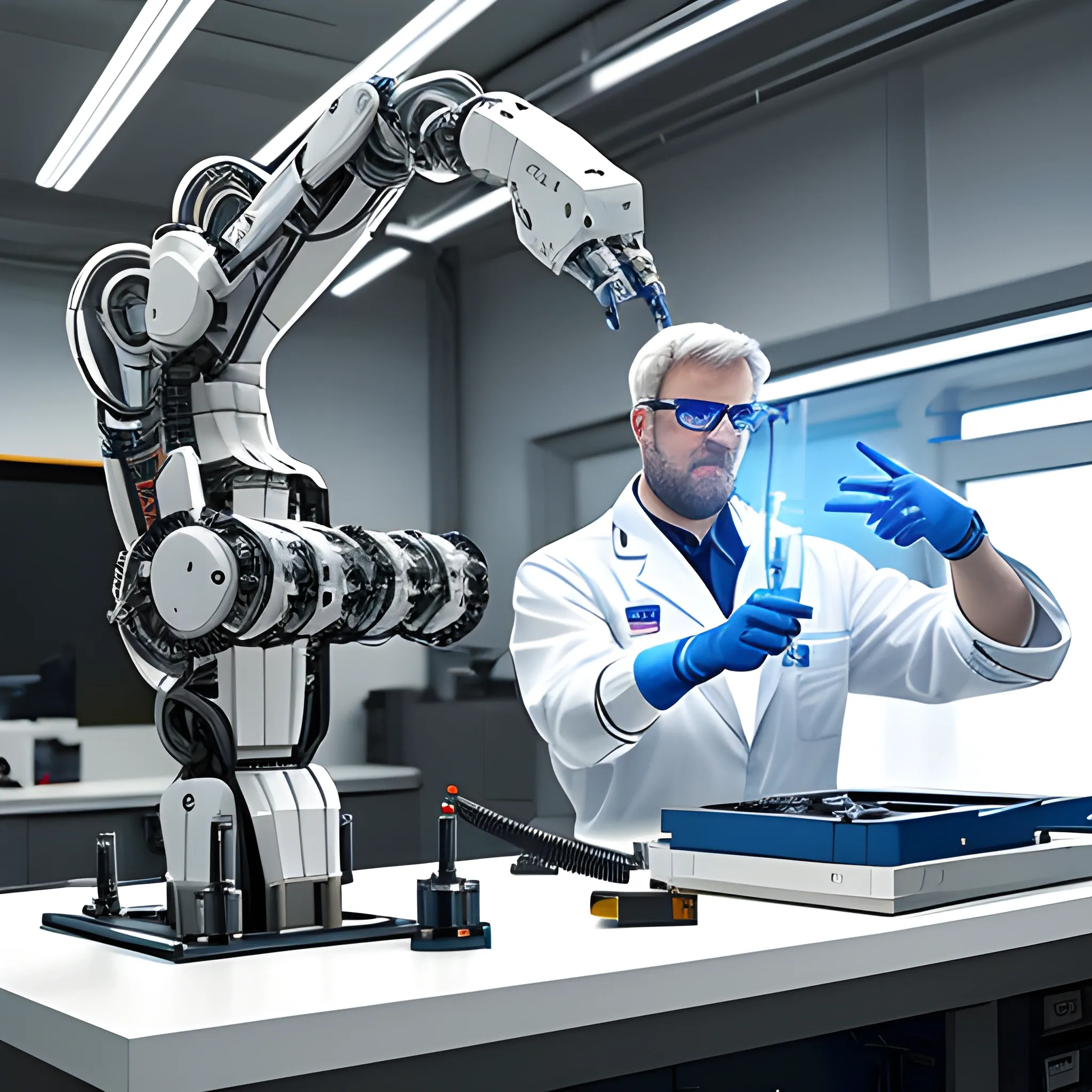 A highly realistic image of multiple robotic arms and two young scientists, whose faces are not visible, working on robots and robotic arms in a modern, high-tech workshop. The robotic arms are state-of-the-art, with precise and synchronized movements, being fine-tuned and calibrated by the scientists. The two young scientists, dressed in lab coats and safety gear, are positioned with their backs to the camera, actively involved in the process. The scene is filled with detailed mechanical components and tools, showcasing the advanced technology being developed. The background features advanced machinery and a well-lit, pristine workshop environment, highlighting the meticulous and sophisticated nature of their work. 