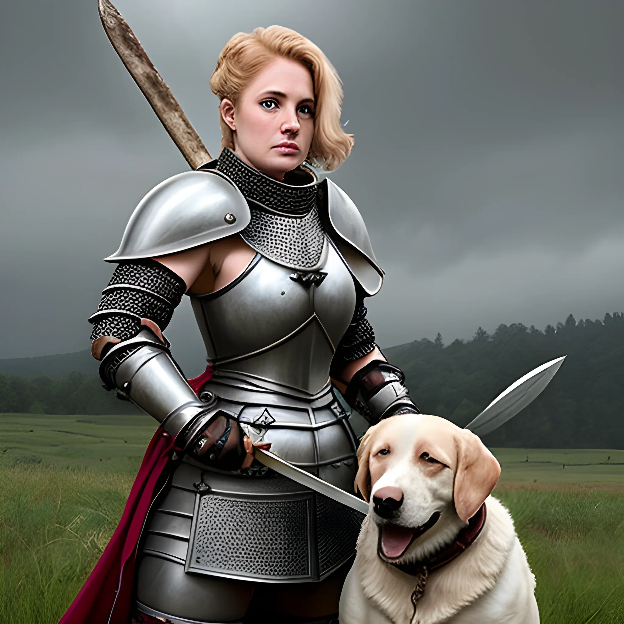 a badass lady Knight with a big axe and a dog