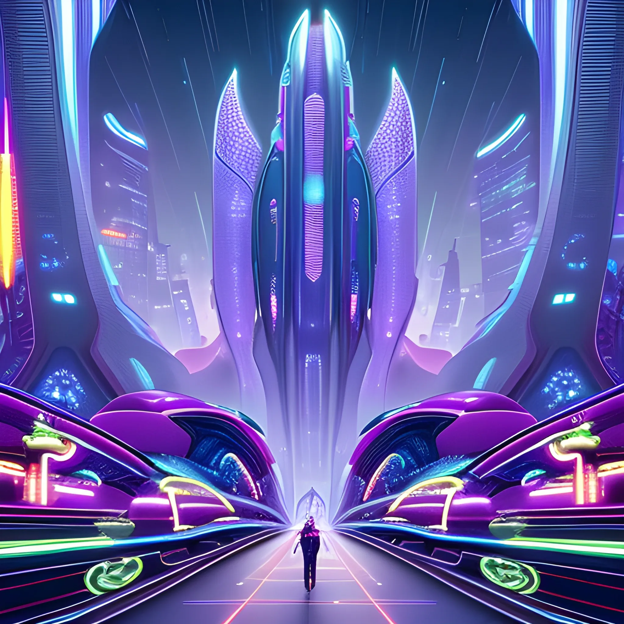 A futuristic alien cityscape with towering skyscrapers, intricate architectural designs, and neon-lit pathways. There are flying vehicles hovering above the ground, and the environment is adorned with vibrant light trails. The foreground features several humanoid figures, possibly inhabitants of this advanced civilization, walking along the pathways. The overall ambiance is a blend of technological advancement and natural elements, suggesting a harmonious coexistence of the two., Trippy, 3D