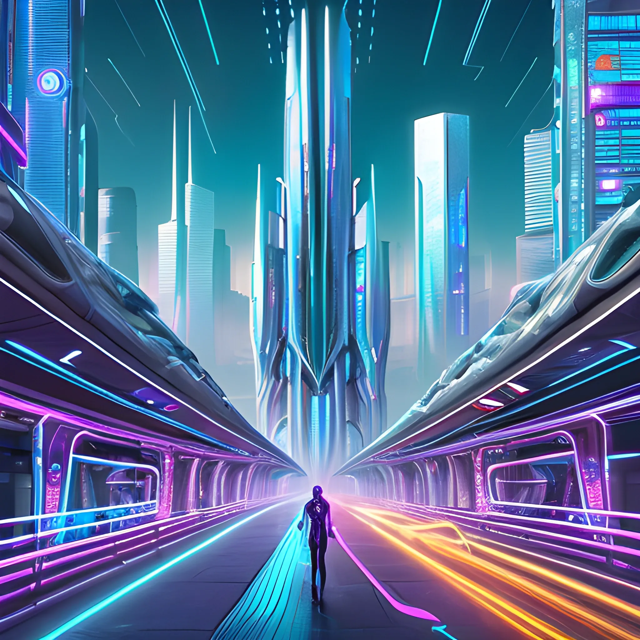 A futuristic alien cityscape with towering skyscrapers, intricate architectural designs, and neon-lit pathways. There are flying vehicles hovering above the ground, and the environment is adorned with vibrant light trails. The foreground features several humanoid figures, possibly inhabitants of this advanced civilization, walking along the pathways. The overall ambiance is a blend of technological advancement and natural elements, suggesting a harmonious coexistence of the two., Trippy, 3D