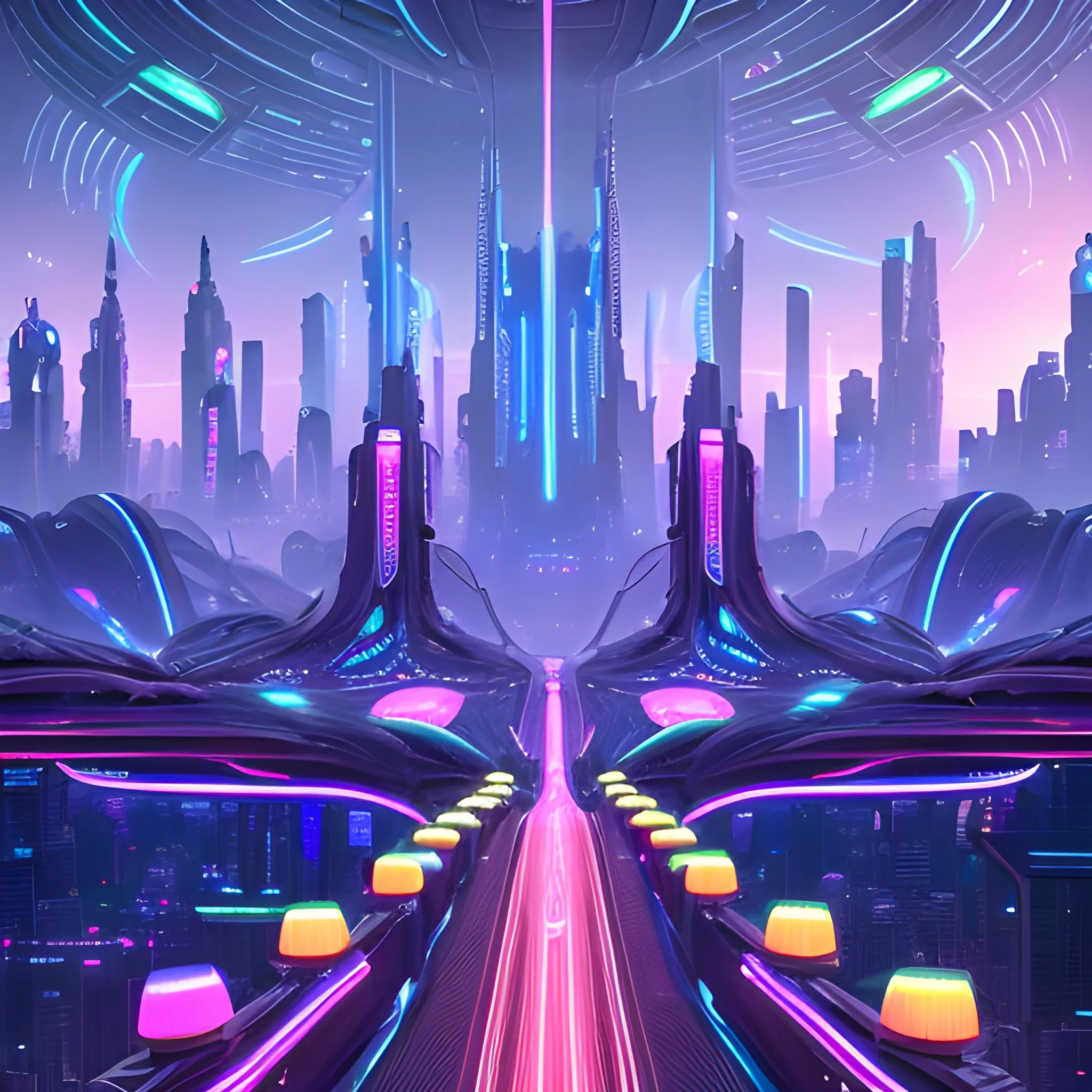 A futuristic alien cityscape with towering skyscrapers, intricate architectural designs, and neon-lit pathways. There are flying vehicles hovering above the ground, and the environment is adorned with vibrant light trails. The foreground features several humanoid figures, possibly inhabitants of this advanced civilization, walking along the pathways. A futuristic alien cityscape with towering skyscrapers, intricate architectural designs, and neon-lit pathways. There are flying vehicles hovering above the ground, and the environment is adorned with vibrant light trails. The foreground features several humanoid figures, possibly inhabitants of this advanced civilization, walking along the pathways. The overall ambiance is a blend of technological advancement and natural elements, suggesting a harmonious coexistence of the two.The overall ambiance is a blend of technological advancement and natural elements, suggesting a harmonious coexistence of the two., Trippy, 3D