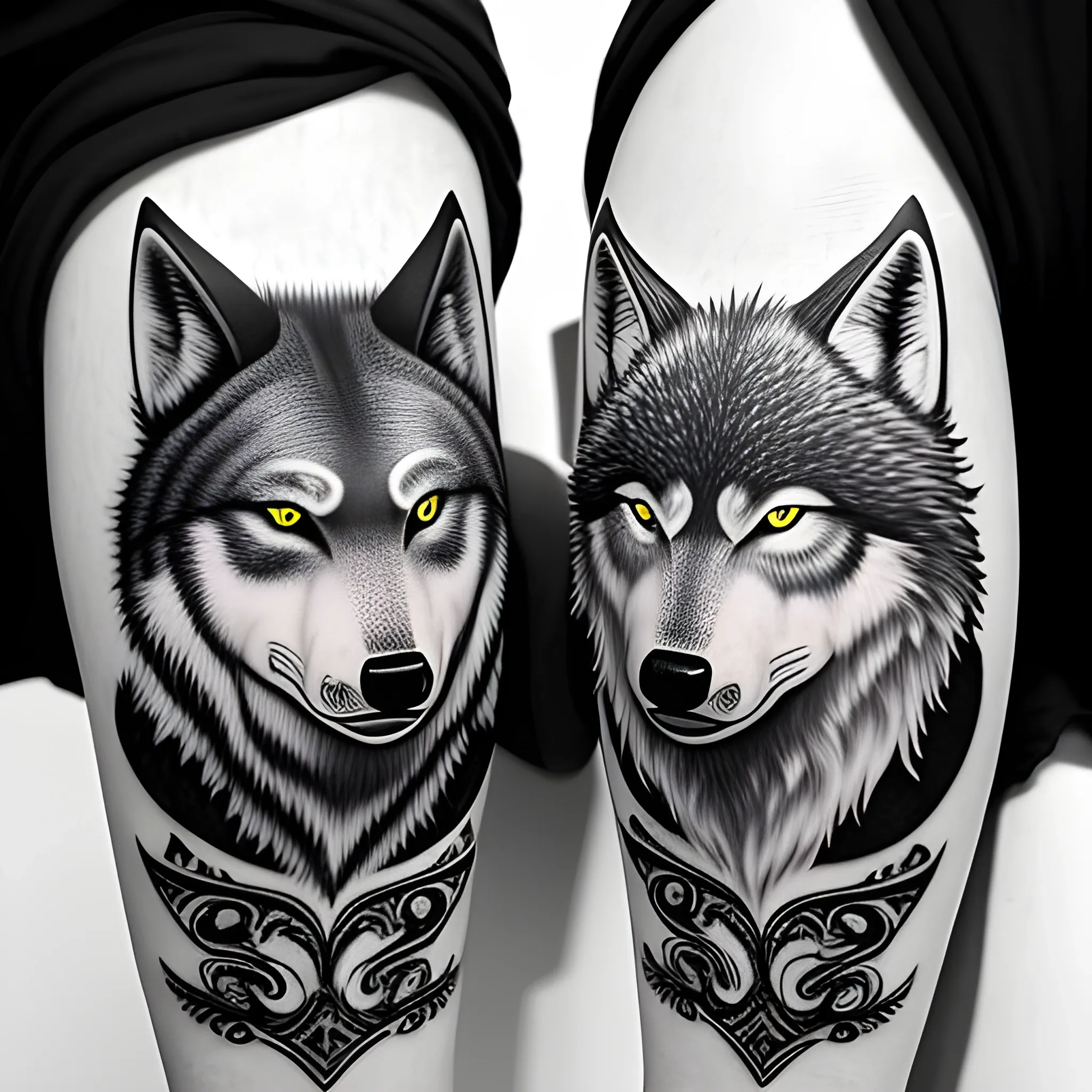 black and white minmal tattoo of skoll and hati the twin wolf
