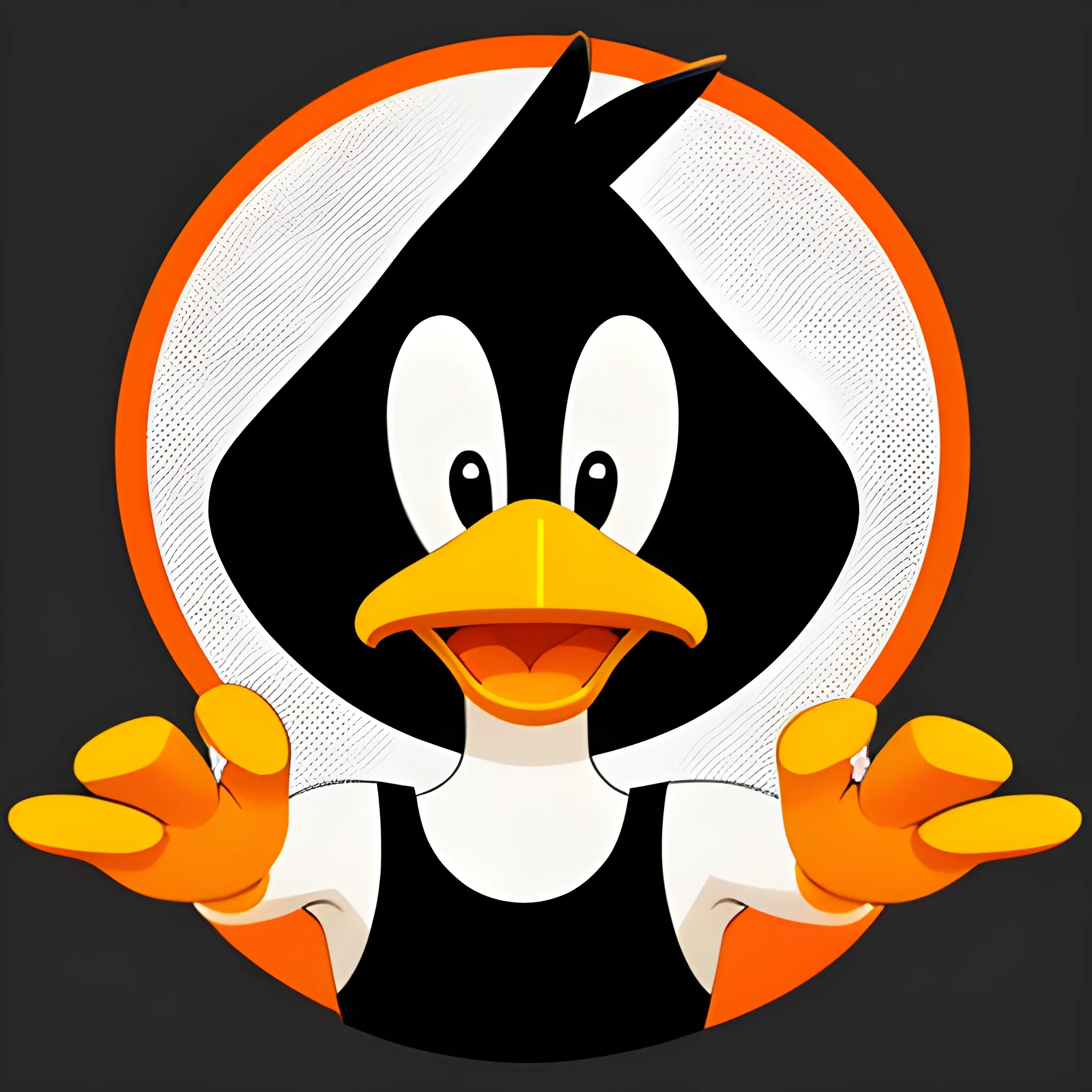 **Daffy Duck for Akira Store logo:**

🧸 Object and context:
- Daffy Duck full-length
- Pose: Standing upright, facing the viewer.
- Arms spread wide apart at shoulder level
- Legs slightly apart, feet pointing out to the sides at a 45 degree angle

📚 Category:
- 2D vector illustration
- Cartoon style

⛩ Style:
- Looney Tunes classic cartoon style
- Simplified for the logo: minimum details, clear lines

🌒 Atmosphere:
- Fun, energetic, attention-grabbing
- Feels like Duffy is greeting the viewer

🌈 Color and lighting:
- Body: Deep black (#000000)
- Beak and Paws: Bright orange (#FFA500)
- Eyes: White with black pupils
- Outline: Thin, white (#FFFFFFFF) around the whole figure.
- Lighting: Flat, no shadows or gradients

Details:
- Head: Large, occupies about 1/3 of the height of the entire figure
- Eyes: Large, round, with Duffy's characteristic squint.
- Beak: Wide open in a smile, occupies most of the face
- Body: Rounded, no feather detailing
- Arms and legs: Slender, no muscle detailing
- Fingers and toes: Simplified, three on each limb

🌄 Inspiration:
- Classic Looney Tunes cartoons
- The style of Warner Bros Animation's early work

🧮 Weighing in:
Cartoon style+++, simplified++, logo-friendly++, classic Looney Tunes+, vectorized+, detailed---, realistic---

Overall impression: A bright, simple, easily recognizable image of Daffy Duck that can be easily integrated into different logo variations and will look good in different sizes