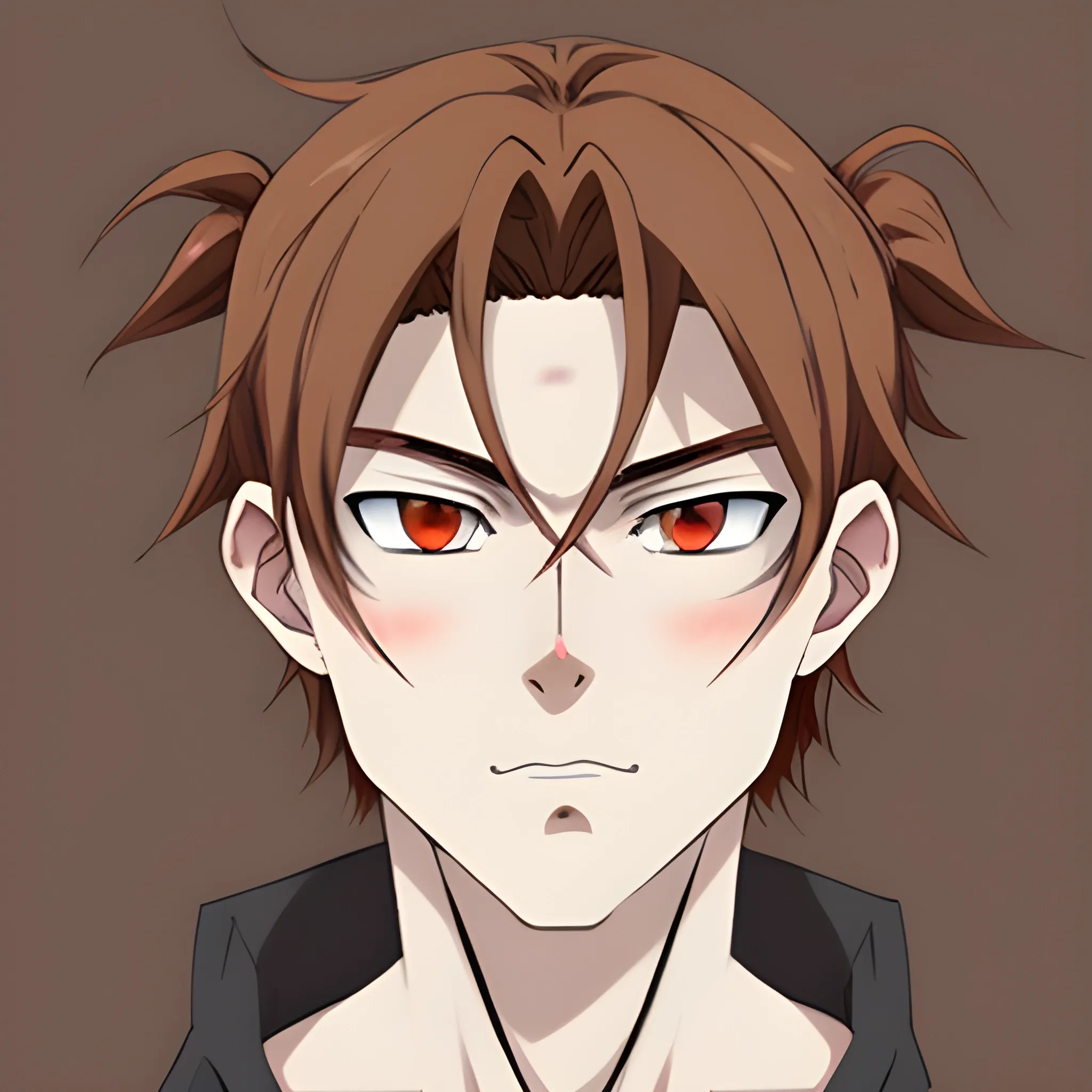 Male anime character with pale skin, brown hair worn in two messy buns, red patches around the eyes and a marl that horizontally crosses the bridge of his nose