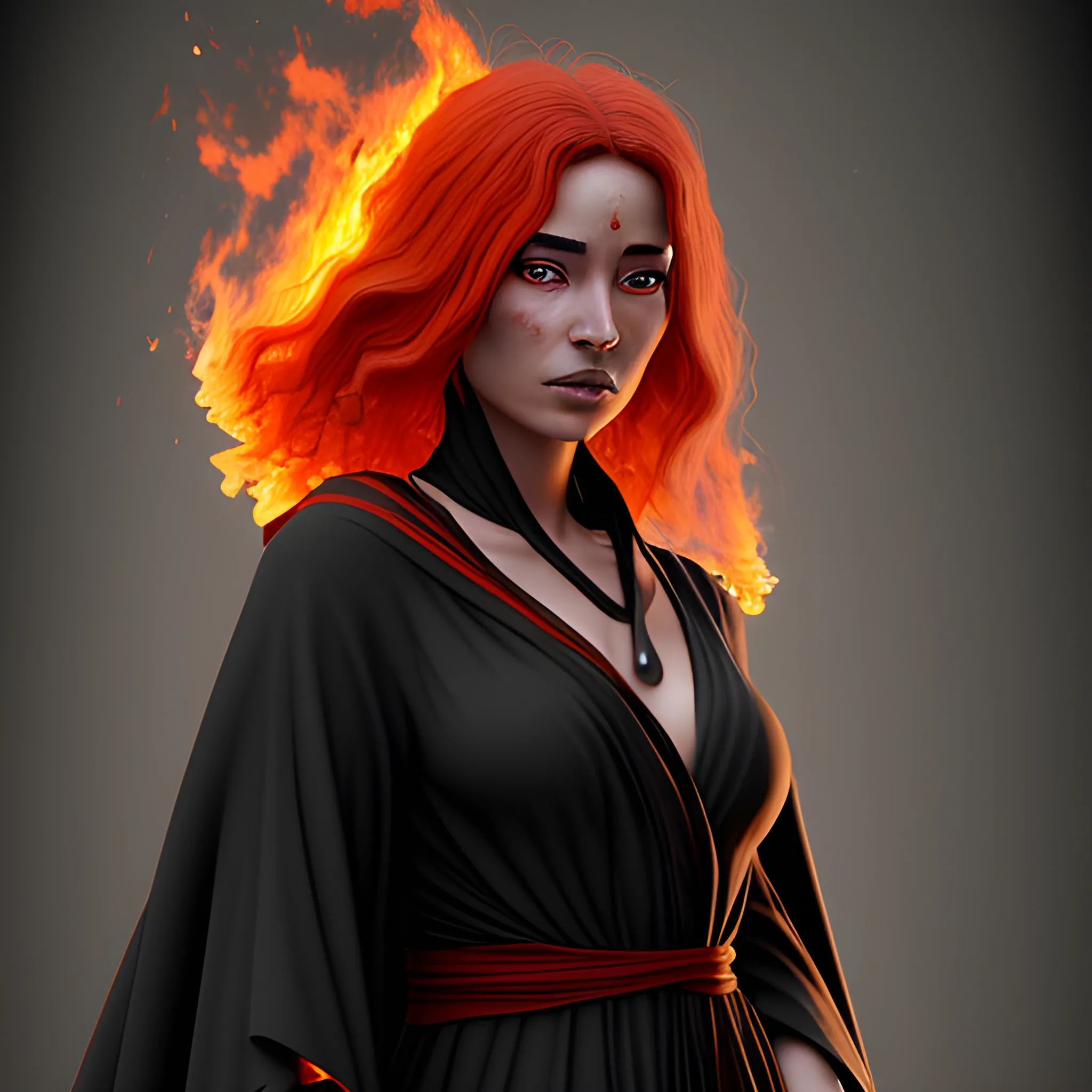 An female fire genasi with black robes, photorealistic, fantasy