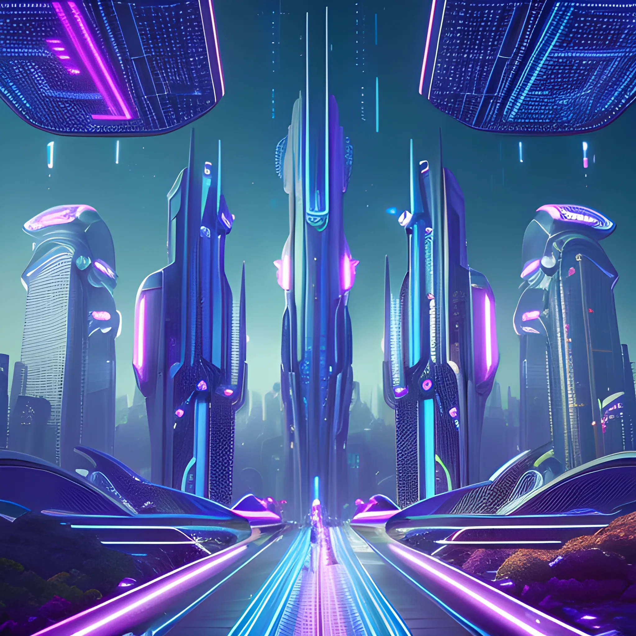 A futuristic alien cityscape with towering skyscrapers, intricate architectural designs, and neon-lit pathways. There are flying vehicles hovering above the ground, and the environment is adorned with vibrant light trails. The foreground features several humanoid figures, possibly inhabitants of this advanced civilization, walking along the pathways. A futuristic alien cityscape with towering skyscrapers, intricate architectural designs, and neon-lit pathways. There are flying vehicles hovering above the ground, and the environment is adorned with vibrant light trails. The foreground features several humanoid figures, possibly inhabitants of this advanced civilization, walking along the pathways. The overall ambiance is a blend of technological advancement and natural elements, suggesting a harmonious coexistence of the two.The overall ambiance is a blend of technological advancement and natural elements, suggesting a harmonious coexistence of the two., Trippy, 3D