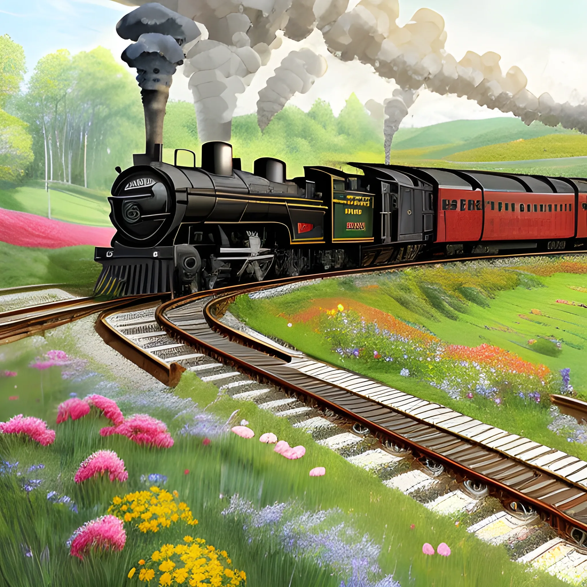 On the vibrant image, a majestic steam locomotive from the early 20th century stands proudly on a railway bridge, its polished black sides reflecting the morning sunlight. The locomotive overlooks a dense forest, adorned with lush greenery and vibrant spring flowers. Piles of coal surround the engine, while thick white steam billows from its chimney, creating an atmosphere of romance and nostalgia. In the foreground, a group of railway workers in uniform stand on the platform, smiling and waving at the camera. In the background, railway tracks stretch into the distance, winding through rolling hills covered in bright spring grass and blooms., Pencil Sketch