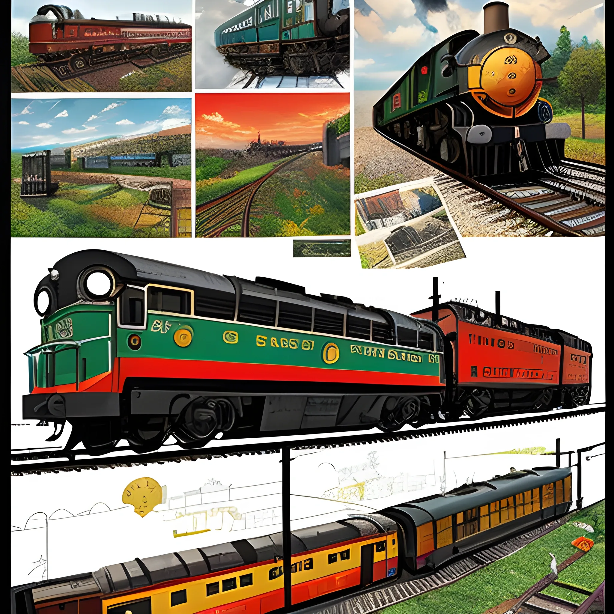 A vibrant collage celebrates Railway Day: EP2K-026 electric locomotive amidst steam engines, tracks, signals, landscapes, workers, tools, and memorabilia. A tribute to rail industry's rich heritage and innovation.