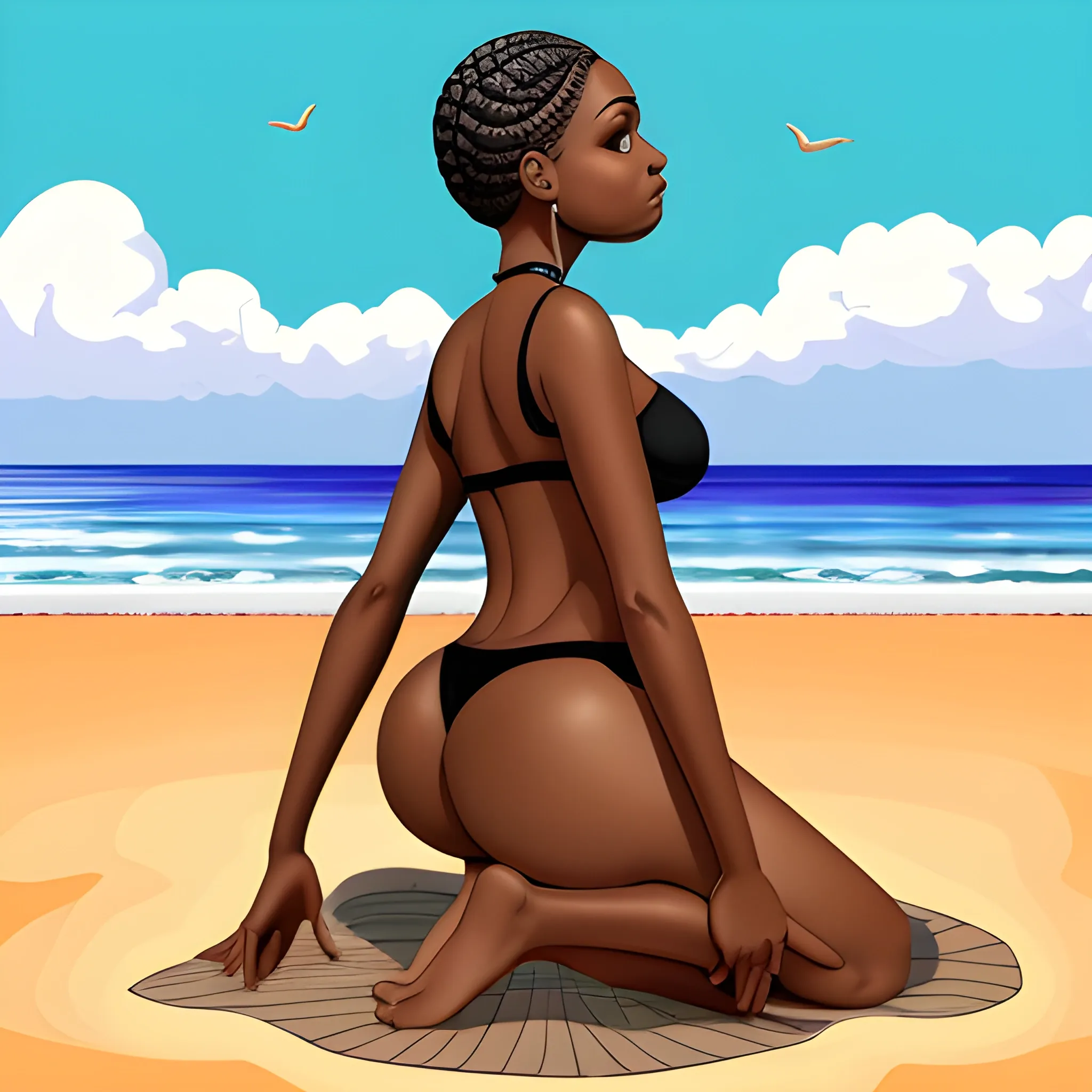 front view, realistic tall, sophisticated black woman on beach, in braids, Cartoon, bend over. background, Trippy