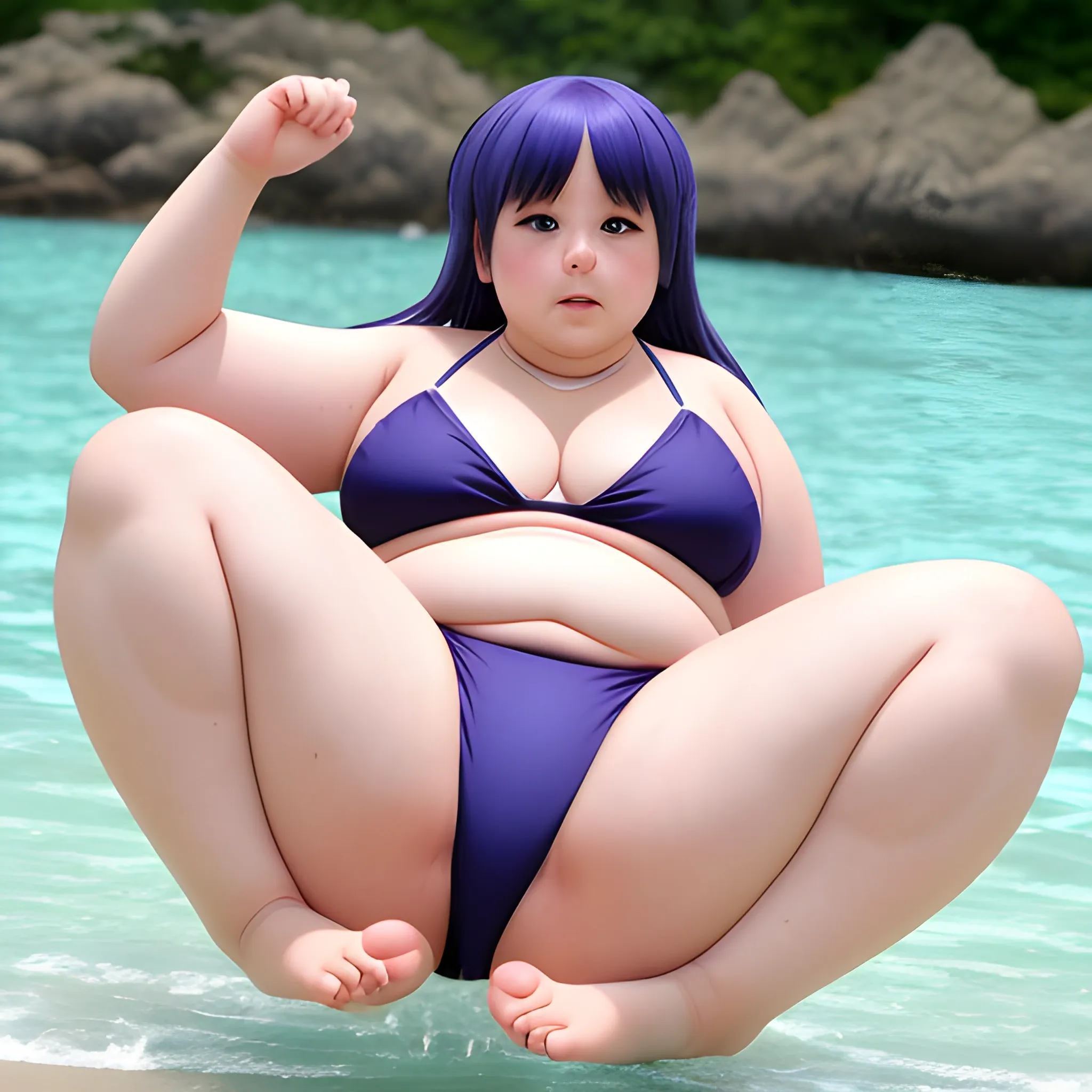 ,Anime, fat chubby anime gurl shiwing her feet in the smallest bikini on earth 