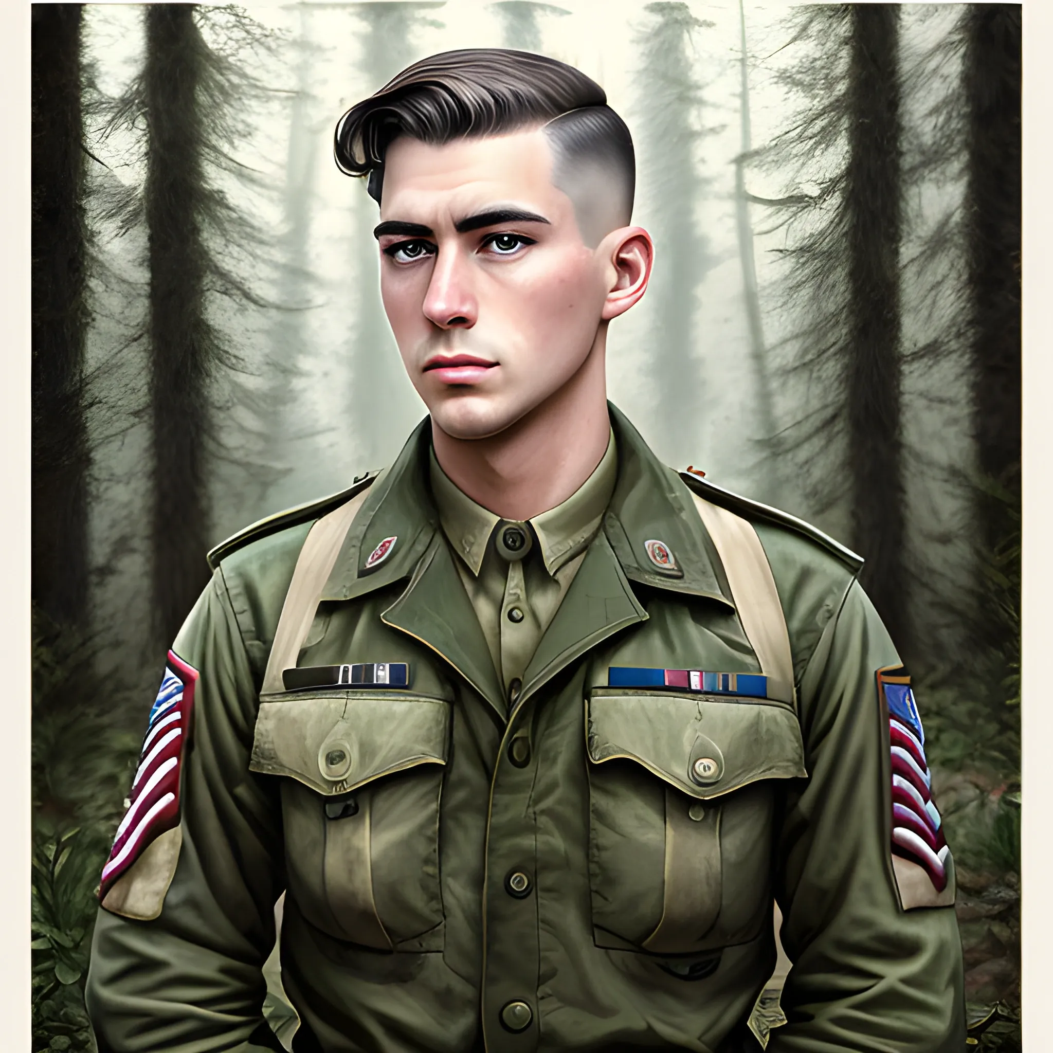 semi-realistic, masterpiece, portrait, adult man, man in his twenties, Second World War aesthetic, vintage, green eyes, deep eyes, American, military, american soldier, WW2, in a forest, cabin in the forest, stoic expression, dark hair, buzz cut militar fade, 1945's aesthetic, full body, crisp details, illustrated, niji 6, Midjourney, American forces, Detailed eyes, strong, sharp focus, perfect hands, perfect light, Oil Painting


