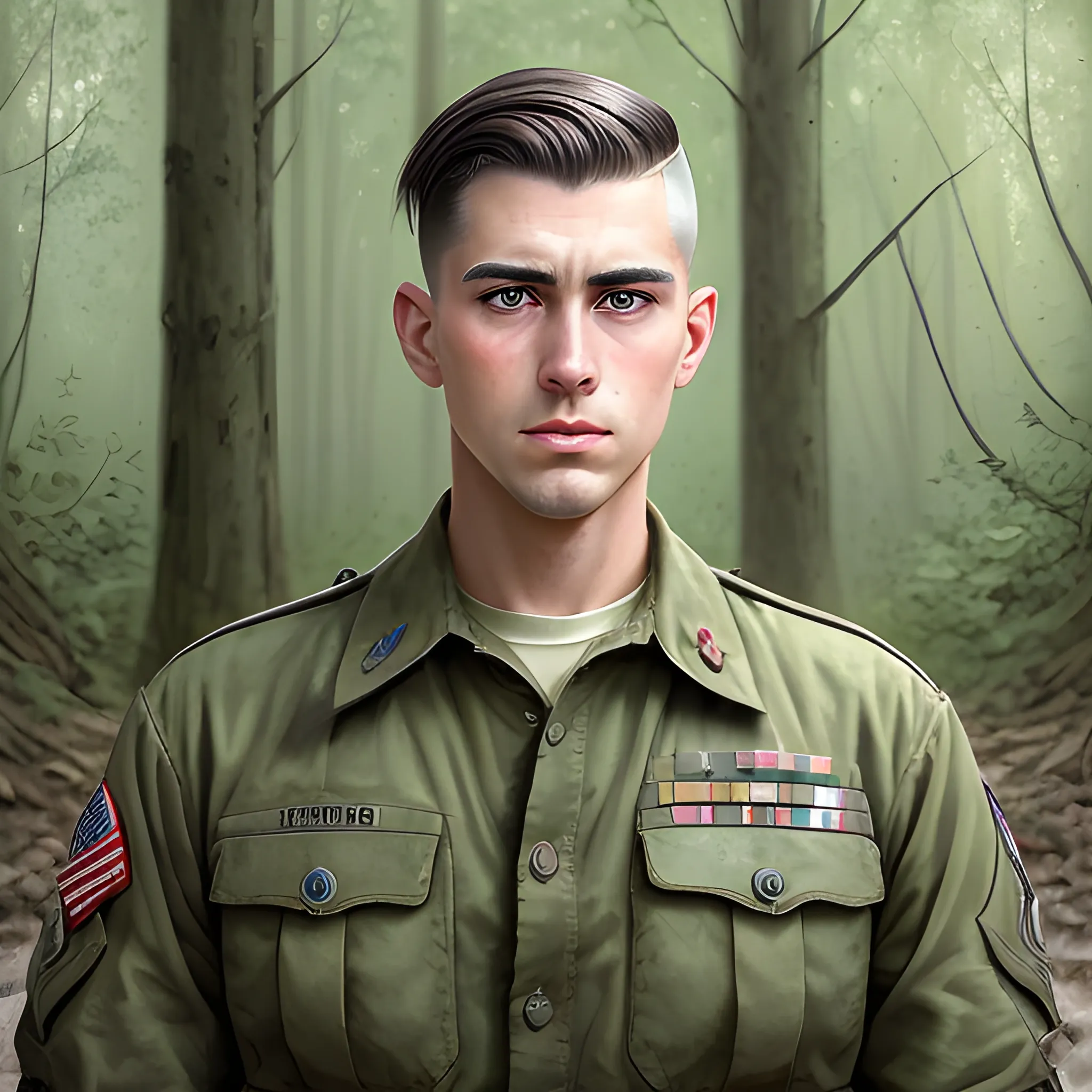 semi-realistic, masterpiece, portrait, adult man, man in his twenties, Second World War aesthetic, vintage, green eyes, deep eyes, American, military, american soldier, WW2, in a forest, cabin in the forest, stoic expression, dark hair, buzz cut militar fade, 1945's aesthetic, full body, crisp details, illustrated, niji 6, Midjourney, American forces, Detailed eyes, strong, sharp focus, perfect hands, perfect light, Oil Painting


