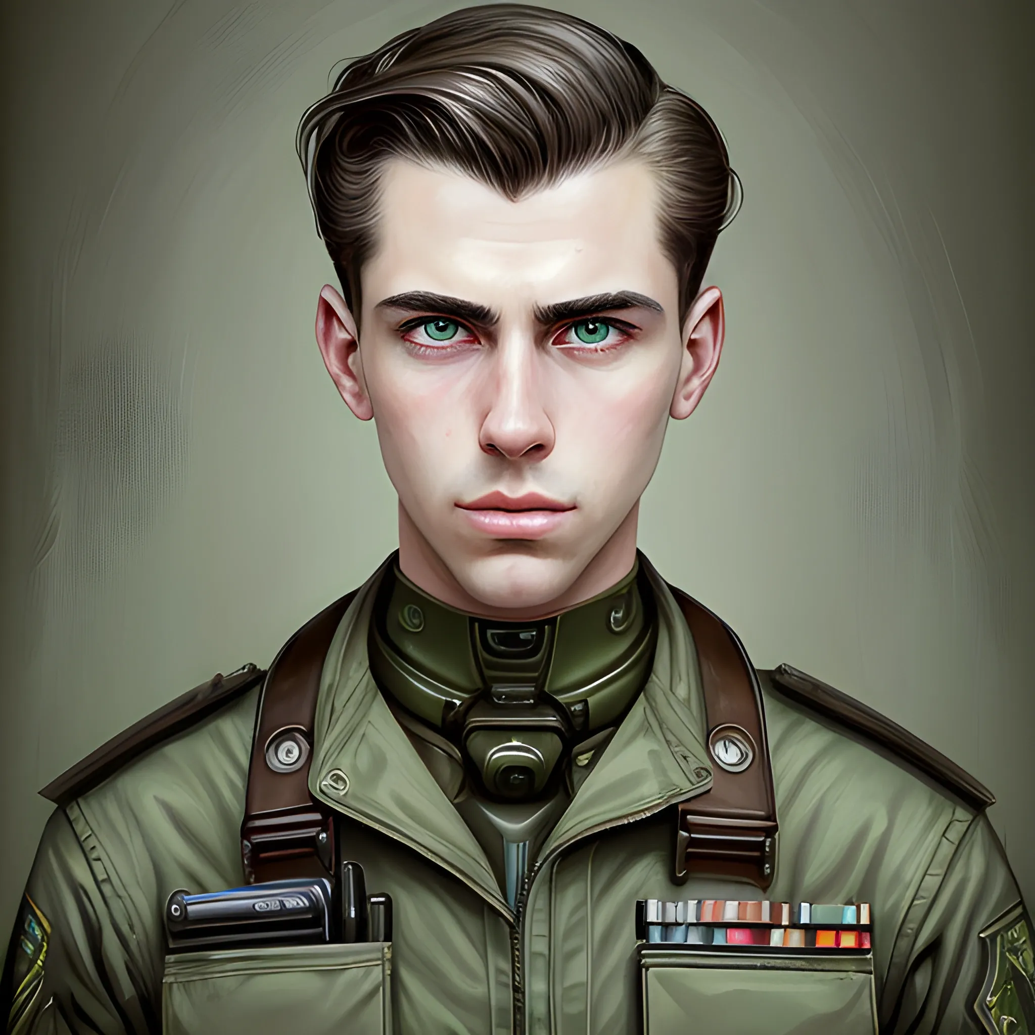 semi-realistic, masterpiece, portrait, adult man, man in his twenties, futuristic aesthetic, vintage, green eyes, deep eyes, American, military, american marine, sci fi, stoic expression, dark hair, shorter hair, 1945's aesthetic, full body, crisp details, illustrated, niji 6, Midjourney, American forces, Detailed eyes, strong, sharp focus, perfect hands, perfect light, Oil Painting


