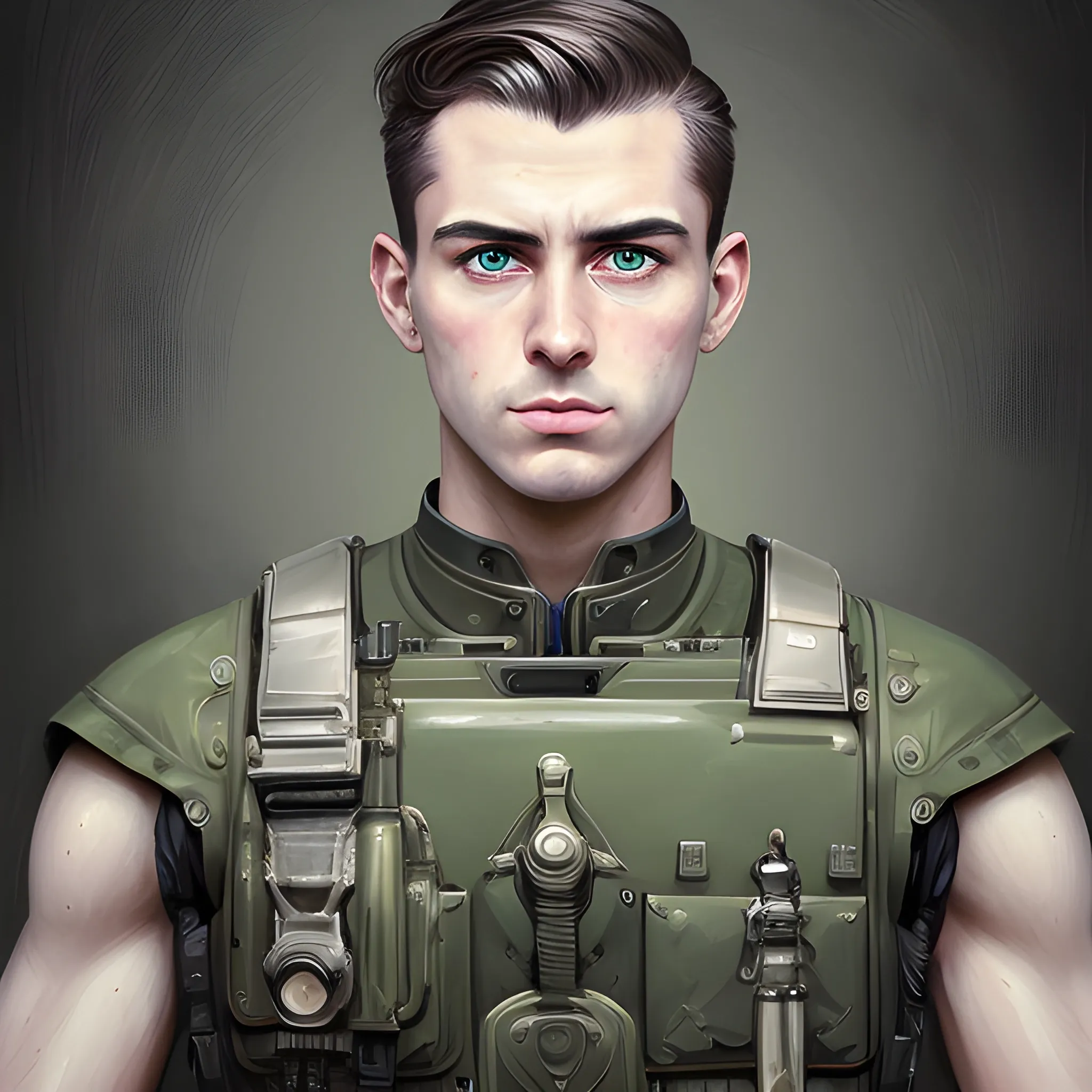 semi-realistic, masterpiece, portrait, adult man, man in his twenties, futuristic aesthetic, vintage, green eyes, deep eyes, American, military, american marine, sci fi, stoic expression, dark hair, shorter hair, full body, crisp details, illustrated, niji 6, Midjourney, American forces, Detailed eyes, strong, sharp focus, perfect hands, perfect light, Oil Painting


