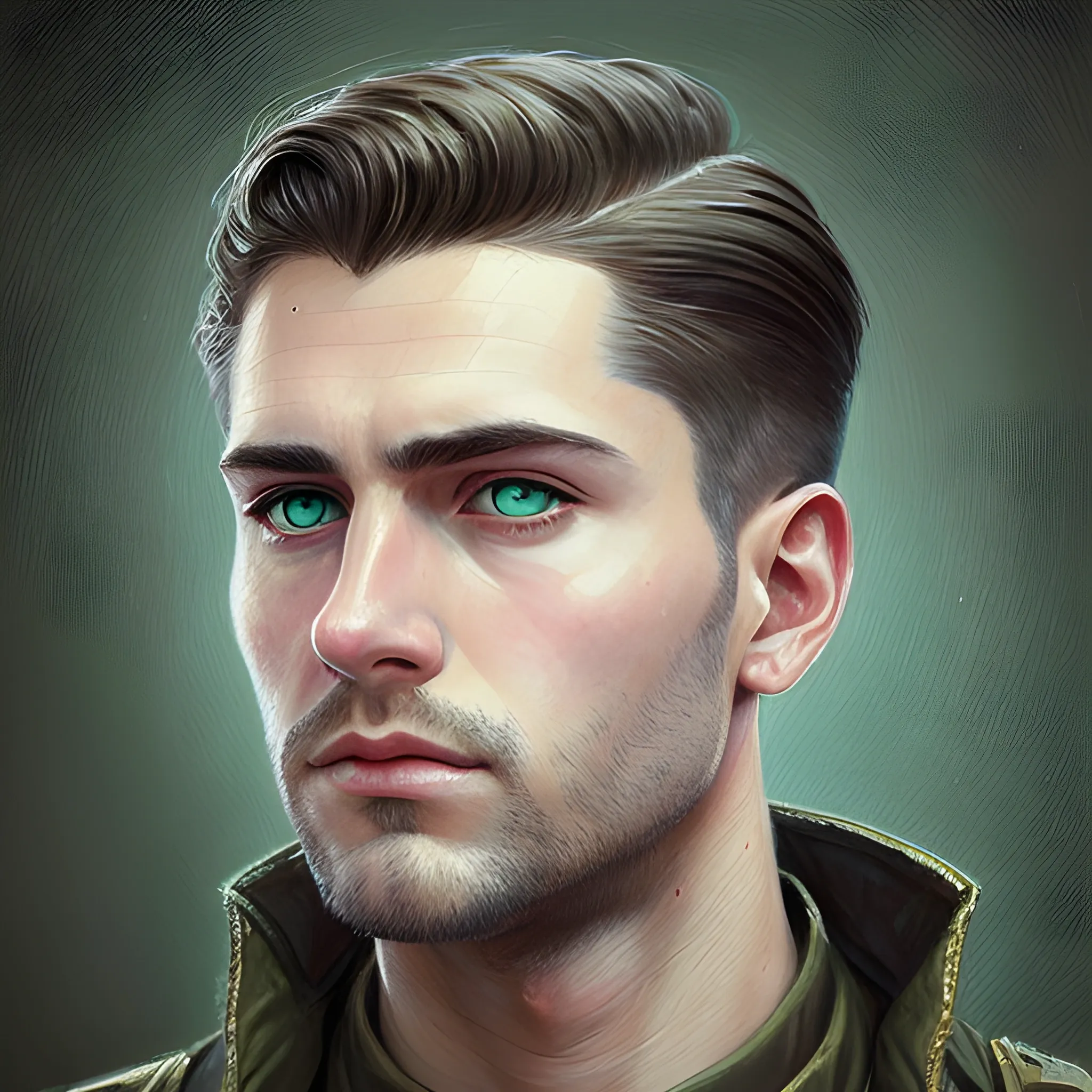 semi-realistic, masterpiece, portrait, adult man, man in his twenties, futuristic aesthetic, vintage, green eyes, deep eyes, American, military, american marine, sci fi, stoic expression, dark hair, shorter hair, full body, crisp details, illustrated, niji 6, Midjourney, American forces, Detailed eyes, strong, sharp focus, perfect hands, perfect light, Oil Painting


