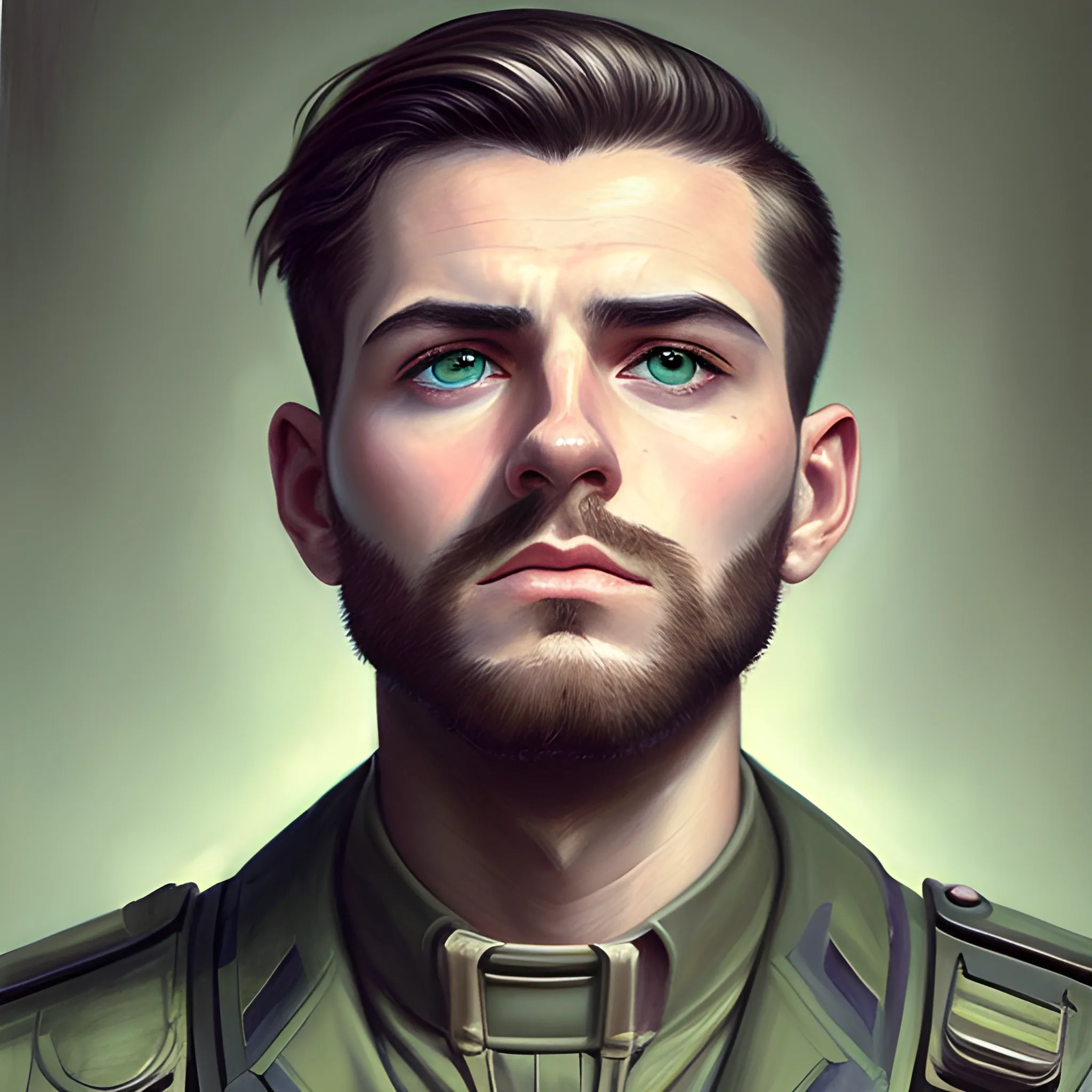 semi-realistic, masterpiece, portrait, adult man, man in his twenties, futuristic aesthetic, vintage, green eyes, deep eyes, American, military, american marine, sci fi, stoic expression, dark hair, shorter hair, full body, crisp details, illustrated, niji 6, Midjourney, American forces, Detailed eyes, strong, sharp focus, perfect hands, perfect light, Oil Painting


