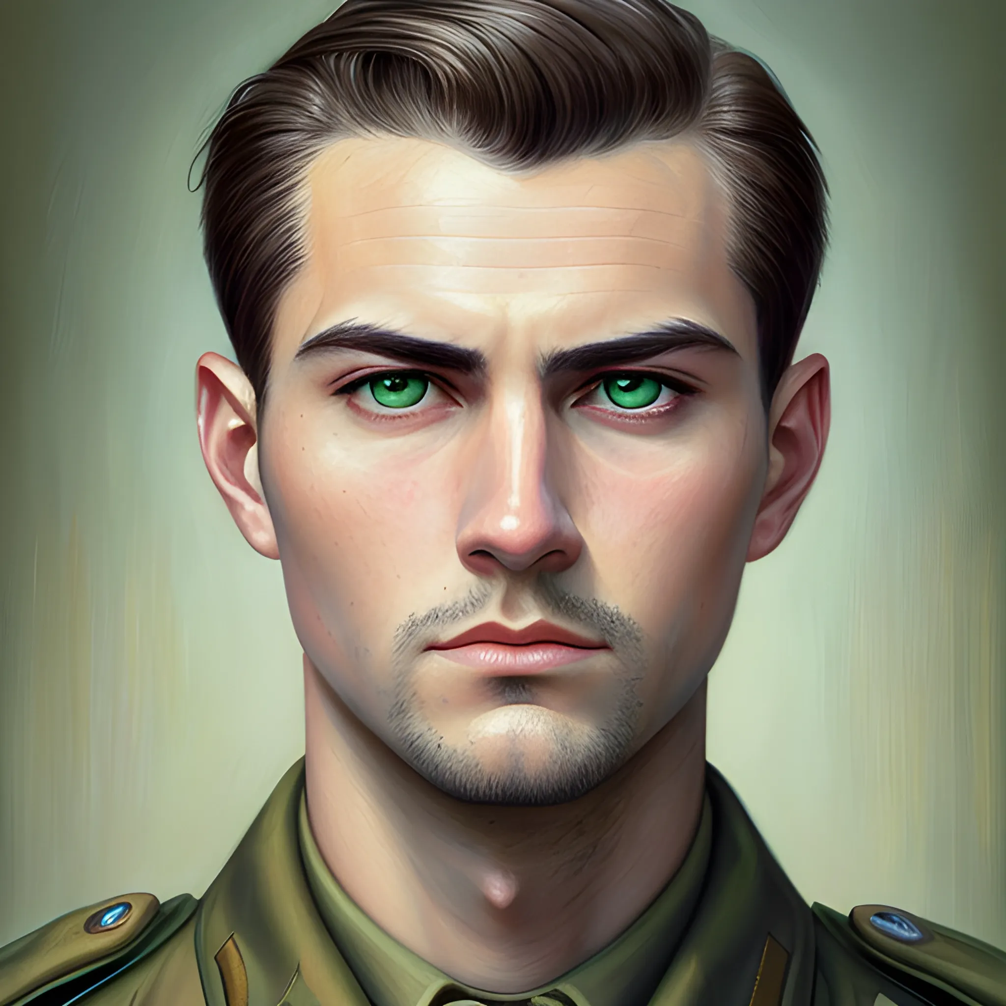 semi-realistic, masterpiece, portrait, adult man, man in his twenties, vintage, green eyes, deep eyes, American, military, american marine, sci fi, stoic expression, dark hair, shorter hair, no facial hair,
 full body, crisp details, illustrated, niji 6, Midjourney, American forces, Detailed eyes, strong, sharp focus, perfect hands, perfect light, Oil Painting


