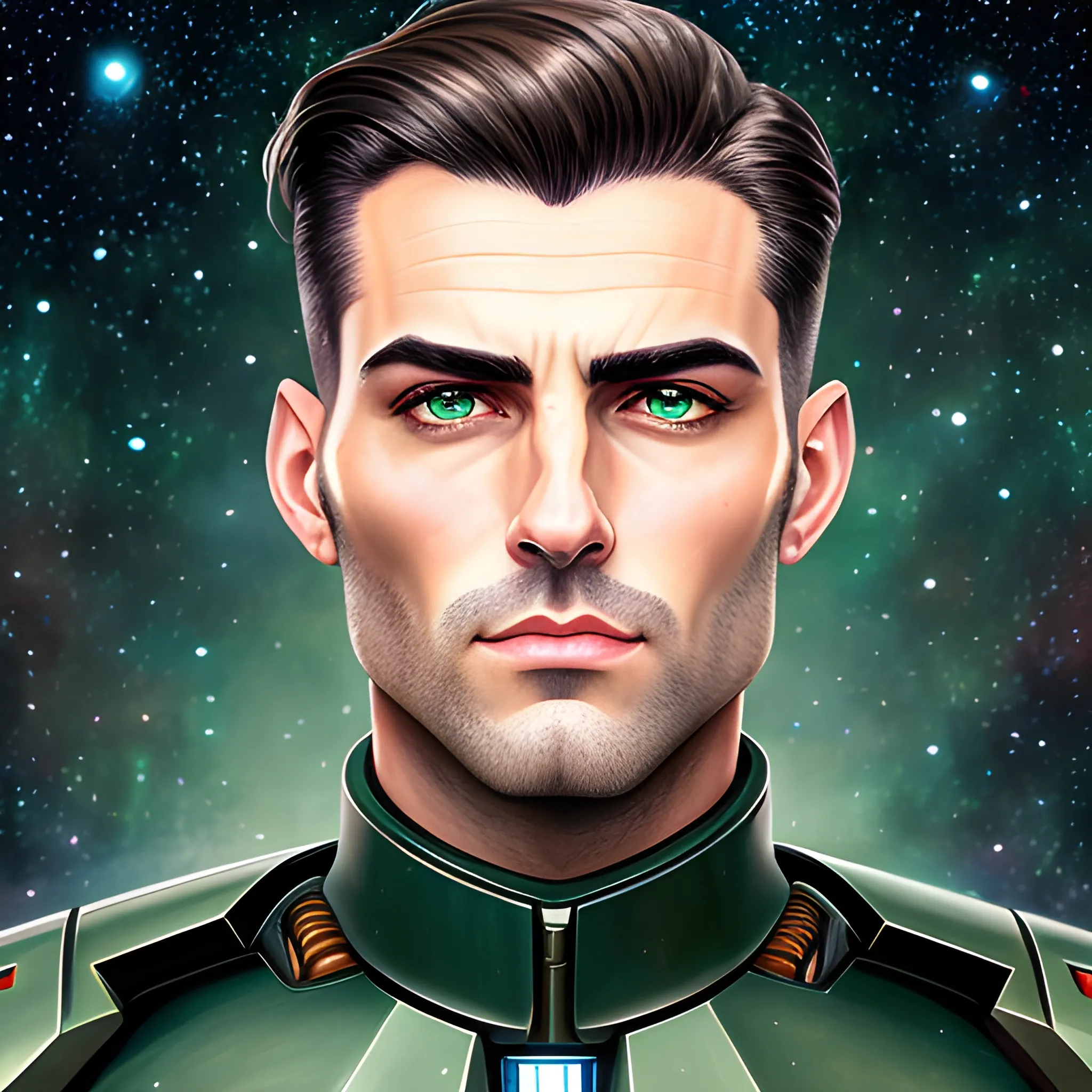 semi-realistic, masterpiece, portrait, adult man, man in his twenties, young man, futuristic aesthetic, vintage, dark green eyes, deep eyes, American, military, space marine, space soldier, sci fi, stoic expression, dark hair, shorter hair, full body, crisp details, illustrated, niji 6, Midjourney, American forces, Detailed eyes, strong, sharp focus, perfect hands, perfect light, Oil Painting