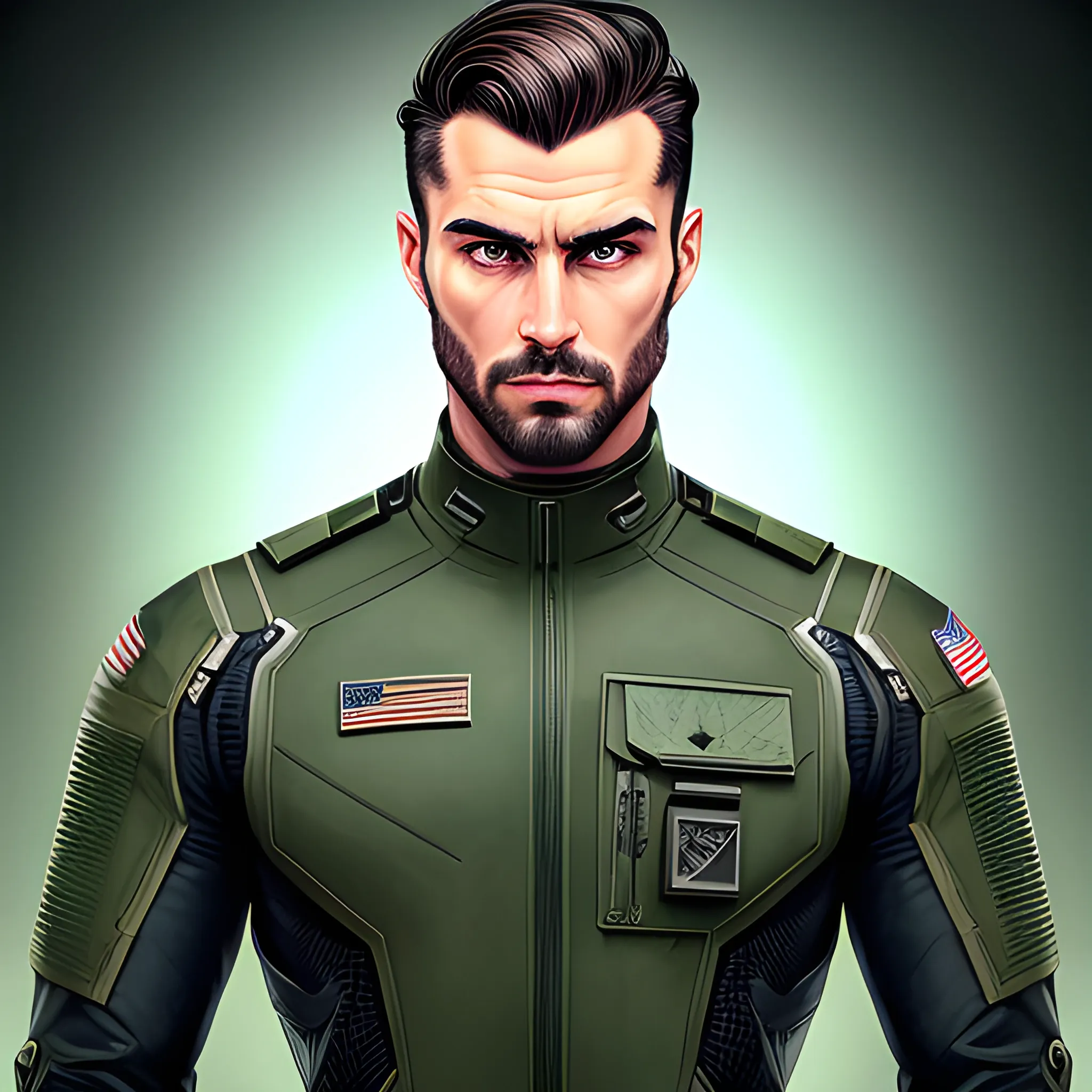 semi-realistic, masterpiece, portrait, adult man, man in his twenties, young man, futuristic aesthetic, vintage, dark green eyes, deep eyes, American, military, utility jumpsuit, sci fi, stoic expression, dark hair, no facial hair, shorter hair, full body, crisp details, illustrated, niji 6, Midjourney, American forces, Detailed eyes, strong, sharp focus, perfect hands, perfect light, Oil Painting