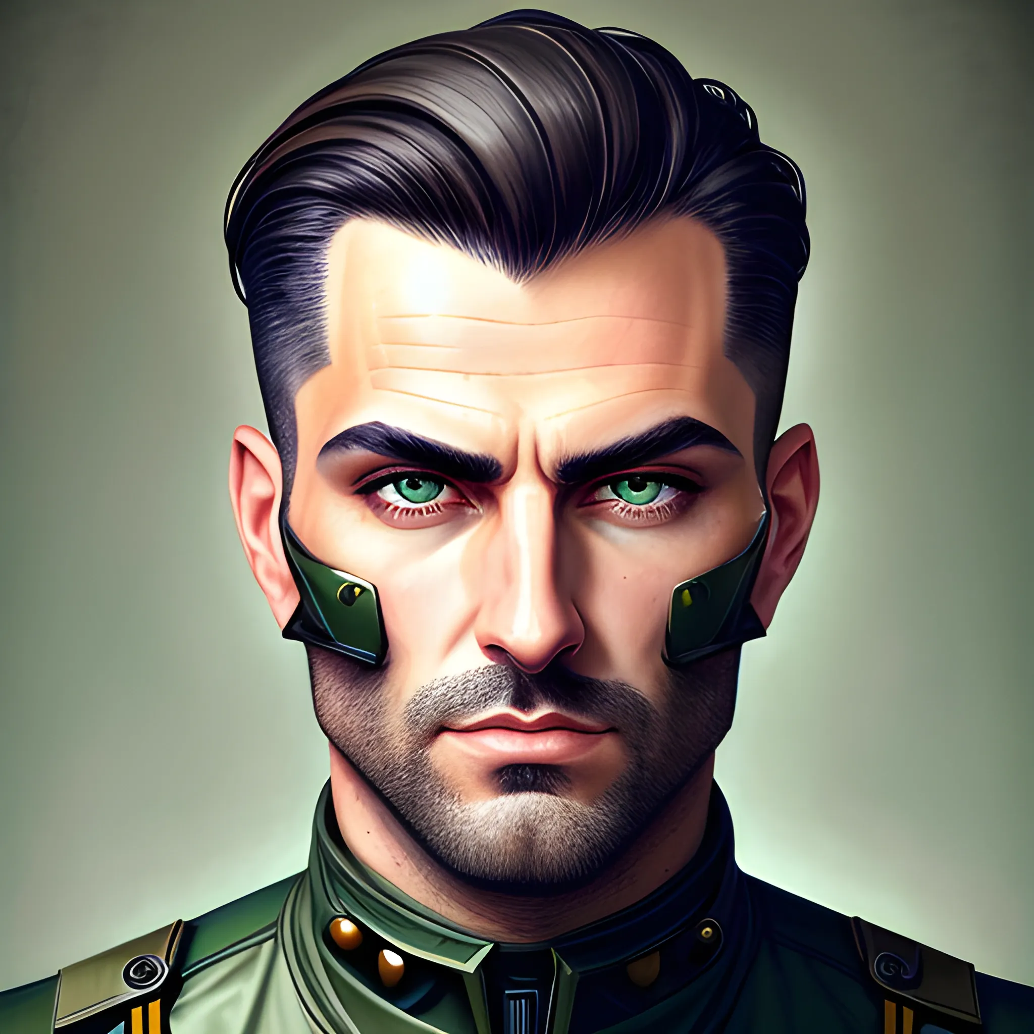 semi-realistic, masterpiece, portrait, adult man, man in his twenties, young man, futuristic aesthetic, vintage, dark green eyes, deep eyes, American, military, utility jumpsuit, sci fi, stoic expression, dark hair, no facial hair, shorter hair, full body, crisp details, illustrated, niji 6, Midjourney, American forces, Detailed eyes, strong, sharp focus, perfect hands, perfect light, Oil Painting