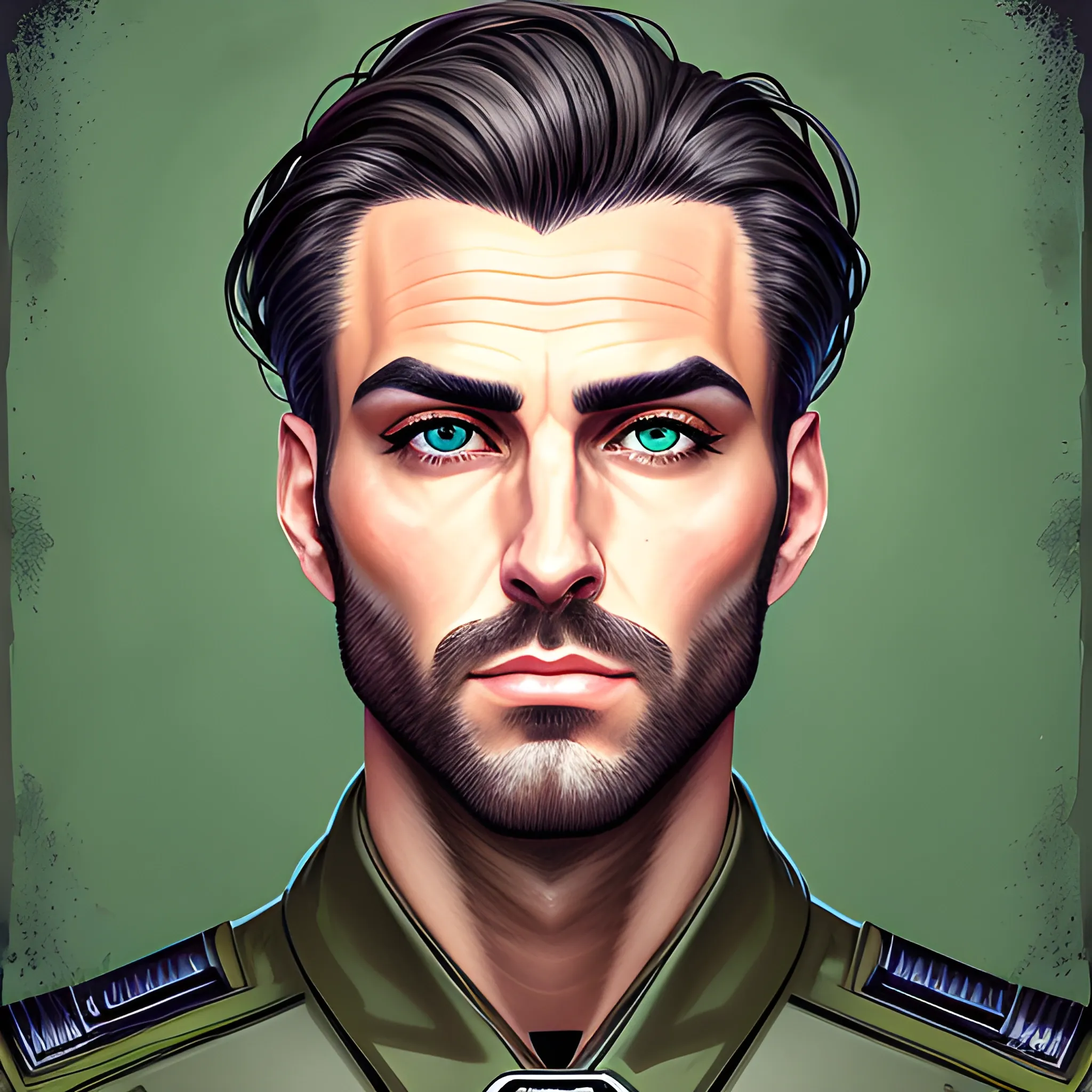 semi-realistic, masterpiece, portrait, adult man, man in his twenties, young man, futuristic aesthetic, vintage, dark green eyes, deep eyes, American, utility jumpsuit, sci fi, stoic expression, dark hair, baby face, shorter hair, full body, crisp details, illustrated, niji 6, Midjourney, American forces, Detailed eyes, strong, sharp focus, perfect hands, perfect light, Oil Painting