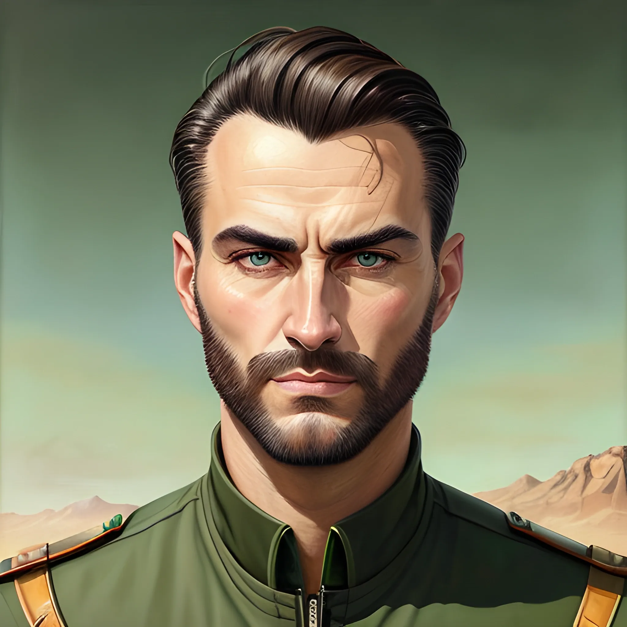 semi-realistic, masterpiece, portrait, oil painting, perfect light, crisp details, illustrated, vintage, niji 6, mid journey, young man, man in his twenties, dark green eyes, dark hair, shorter hair, detailed eyes, deep eyes, strong, sharp focus, stoic expression, perfect hands, engineer, utility jumpsuit, sci fi, retro futuristic