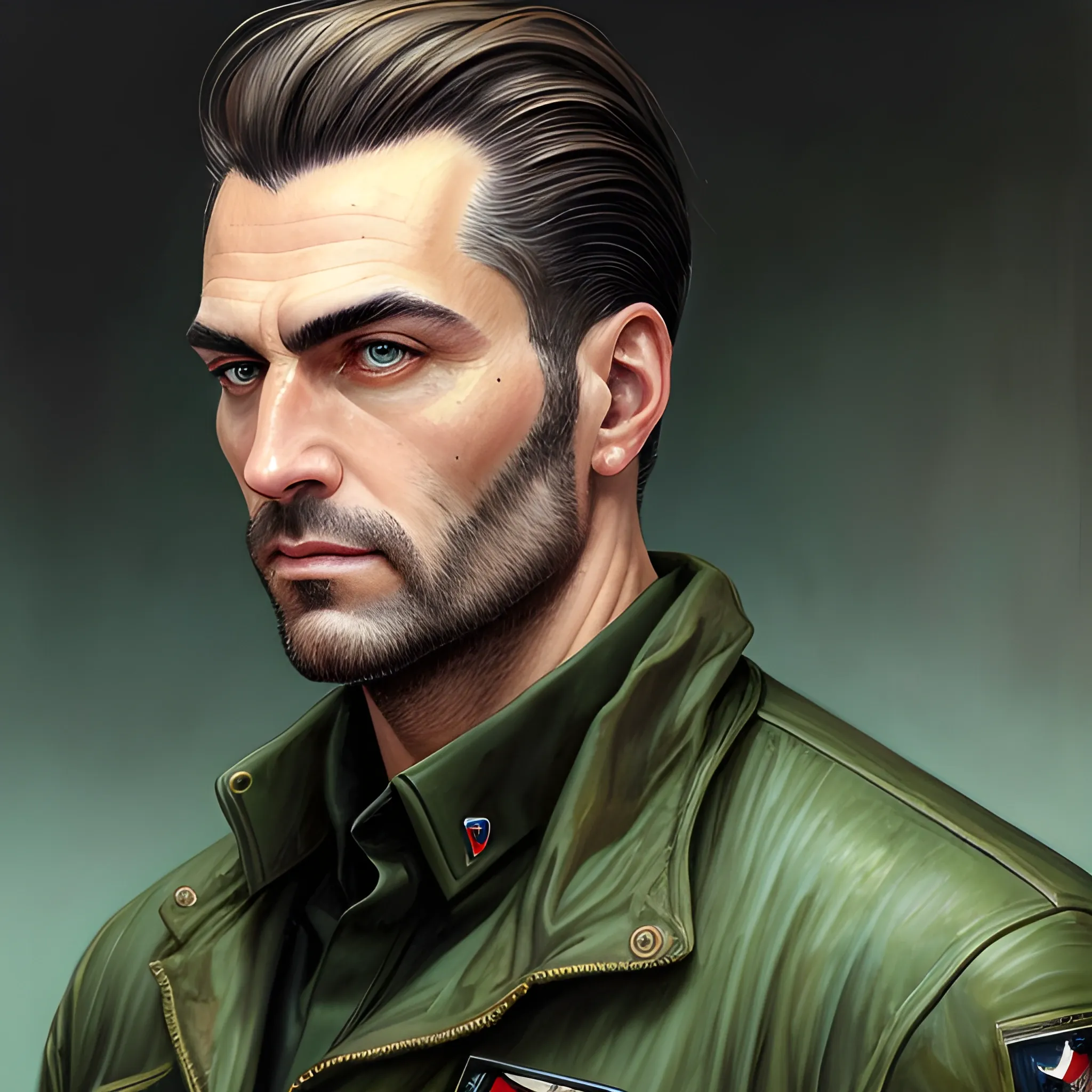 semi-realistic, masterpiece, portrait, oil painting, perfect light, crisp details, illustrated, vintage, niji 6, mid journey, young man, man in his twenties, dark green eyes, dark hair, shorter hair, detailed eyes, deep eyes, strong, sharp focus, stoic expression, perfect hands, engineer, utility jumpsuit, sci fi, retro futuristic