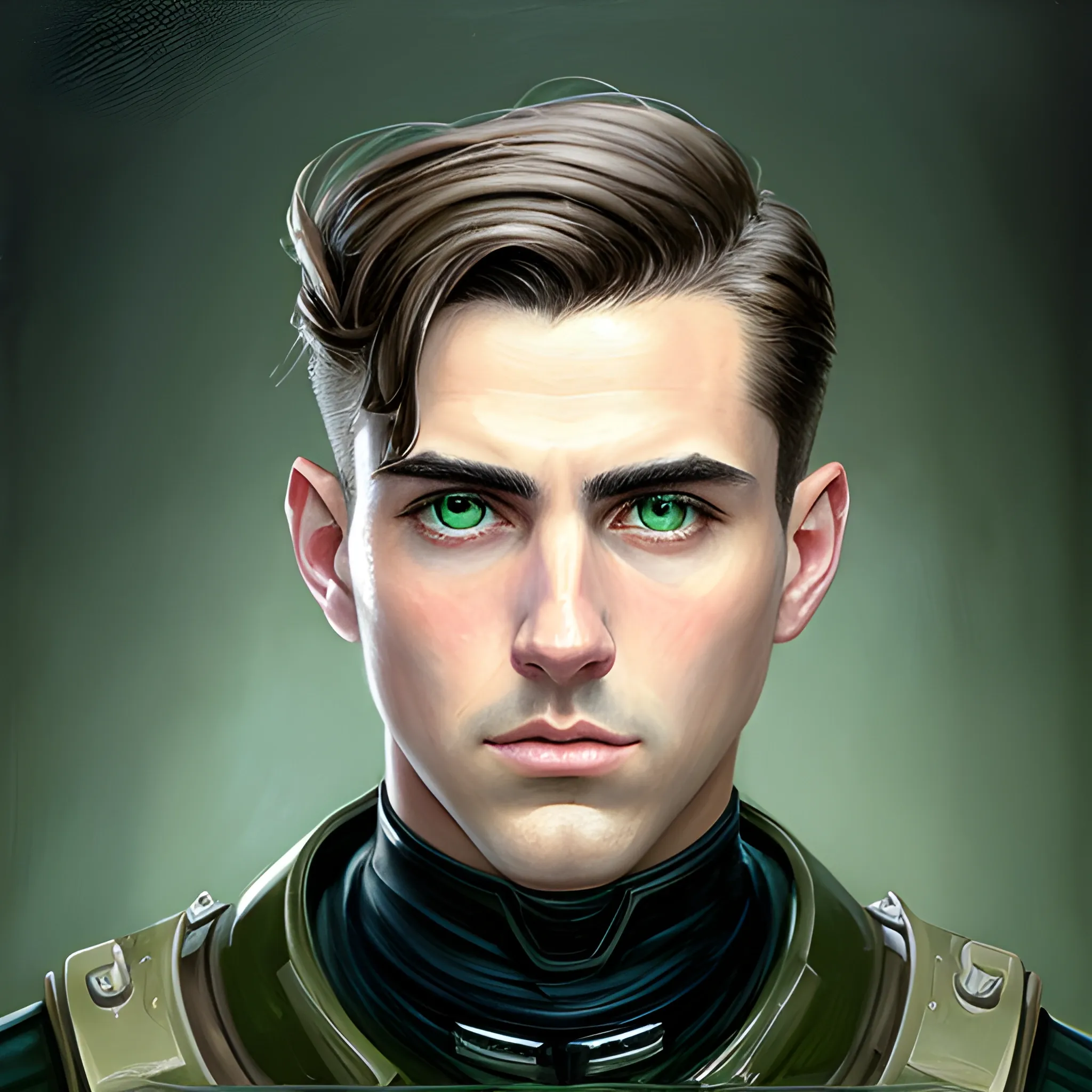 semi-realistic, masterpiece, portrait, adult man, man in his twenties, futuristic aesthetic, vintage, green eyes, deep eyes, American, military, american marine, sci fi, stoic expression, dark hair, shorter hair, full body, crisp details, illustrated, niji 6, Midjourney, American forces, Detailed eyes, strong, sharp focus, perfect hands, perfect light, Oil Painting



