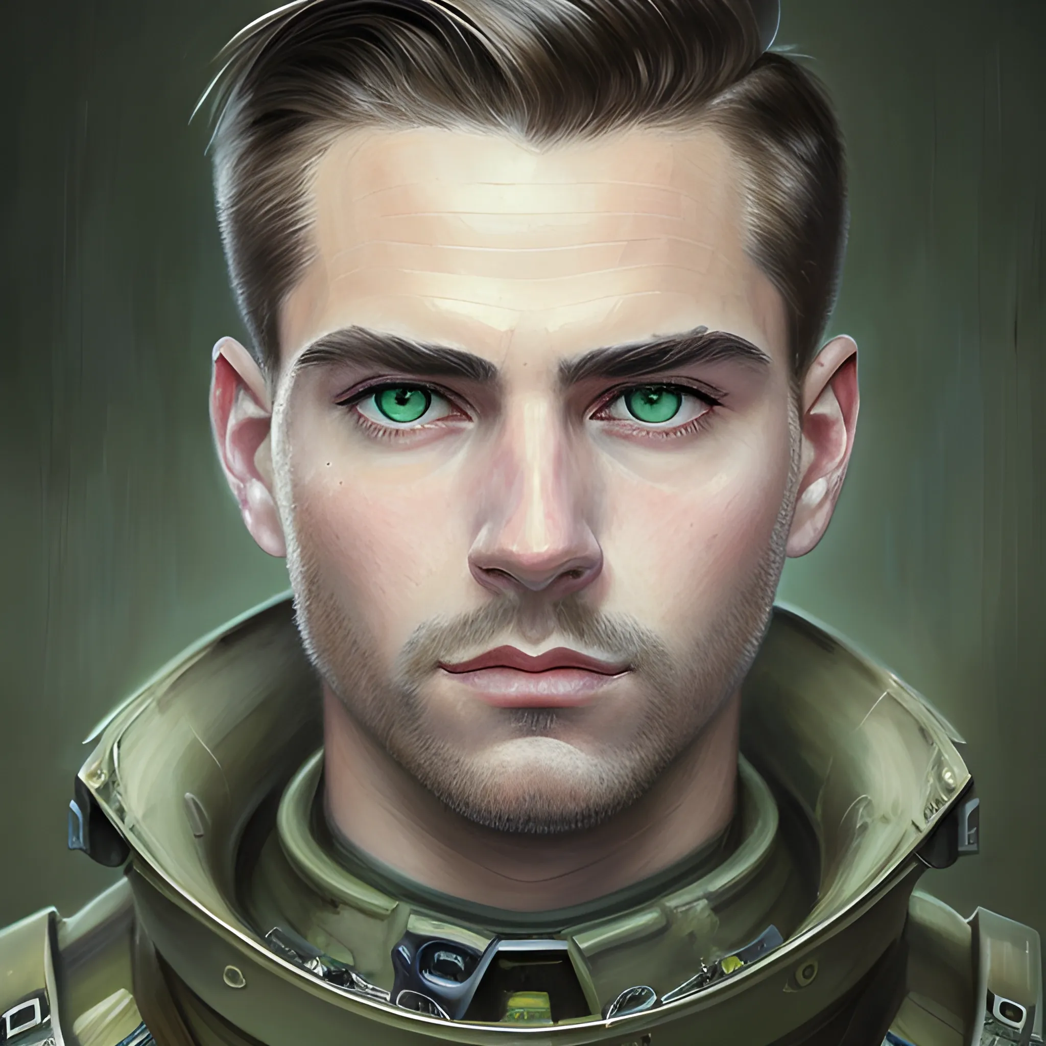 semi-realistic, masterpiece, portrait, adult man, man in his twenties, futuristic aesthetic, vintage, green eyes, deep eyes, American, military, american marine, sci fi, stoic expression, dark hair, shorter hair, full body, crisp details, illustrated, niji 6, Midjourney, American forces, Detailed eyes, strong, sharp focus, perfect hands, perfect light, Oil Painting



