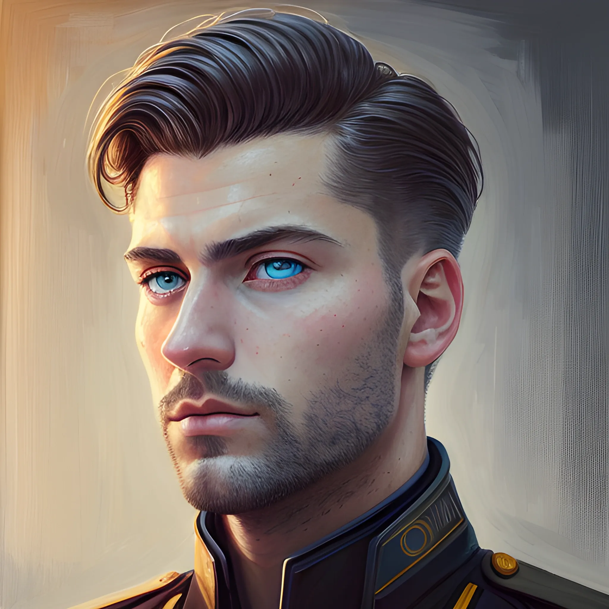 semi-realistic, masterpiece, portrait, adult man, man in his twenties, futuristic aesthetic, vintage, blue eyes, deep eyes, American, military, american marine, sci fi, stoic expression, dark hair, shorter hair, full body, crisp details, illustrated, niji 6, Midjourney, American forces, Detailed eyes, strong, sharp focus, perfect hands, perfect light, Oil Painting



