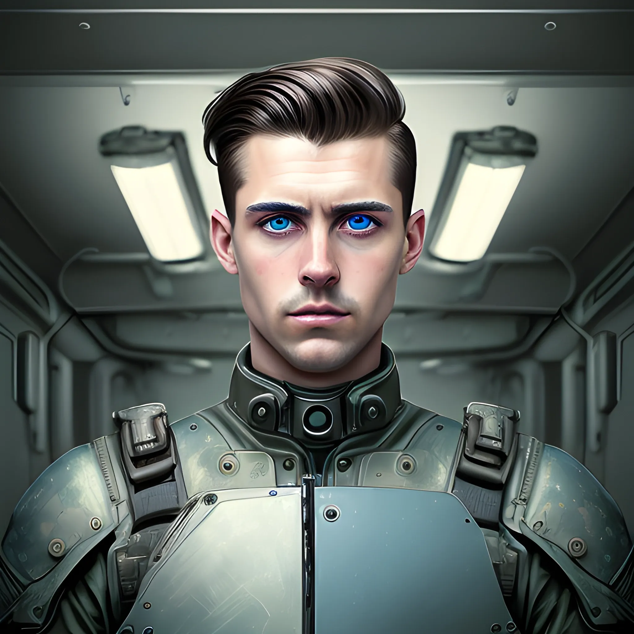 semi-realistic, masterpiece, portrait, adult man, man in his twenties, futuristic aesthetic, vintage, blue eyes, deep eyes, American, military, american marine, sci fi, stoic expression, dark hair, shorter hair, full body, crisp details, illustrated, niji 6, Midjourney, American forces, Detailed eyes, strong, sharp focus, perfect hands, perfect light, Oil Painting



