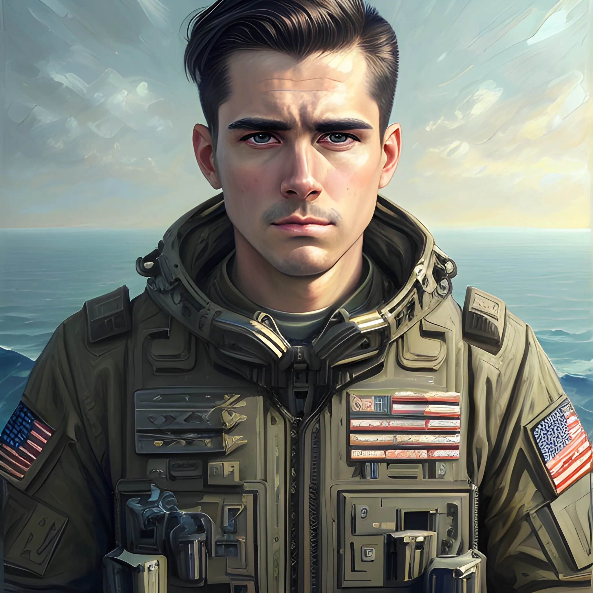 semi-realistic, masterpiece, portrait, adult man, man in his twenties, futuristic aesthetic, vintage, brown eyes, deep eyes, American, military, american marine, sci fi, stoic expression, dark hair, shorter hair, full body, crisp details, illustrated, niji 6, Midjourney, American forces, Detailed eyes, strong, sharp focus, perfect hands, perfect light, Oil Painting



