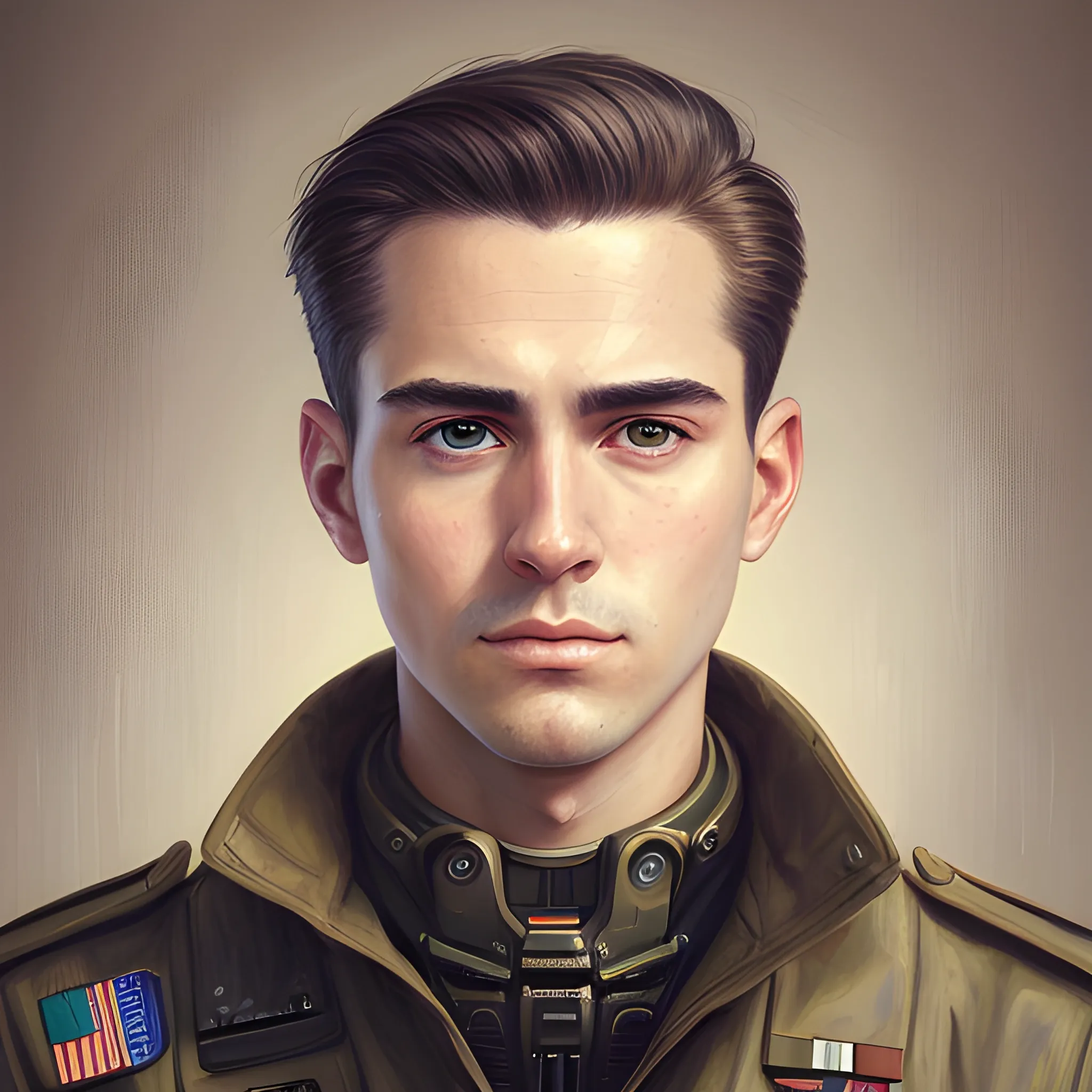 semi-realistic, masterpiece, portrait, adult man, man in his twenties, futuristic aesthetic, vintage, brown eyes, deep eyes, American, military, american marine, sci fi, stoic expression, dark hair, shorter hair, full body, crisp details, illustrated, niji 6, Midjourney, American forces, Detailed eyes, strong, sharp focus, perfect hands, perfect light, Oil Painting



