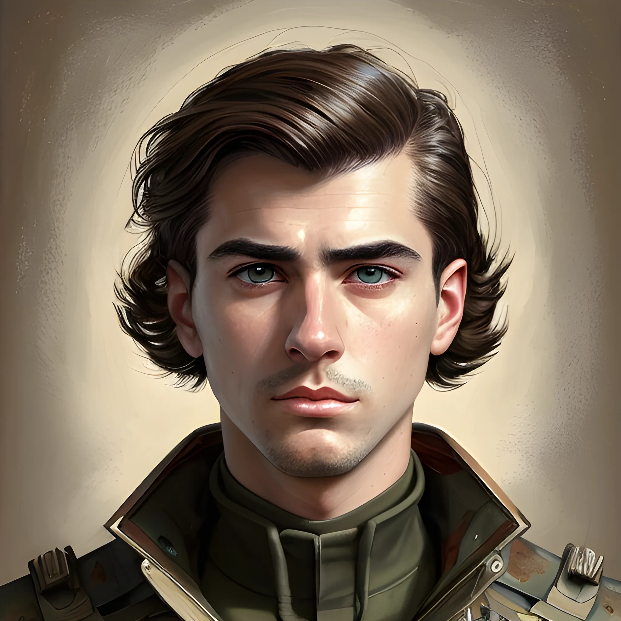 semi-realistic, masterpiece, portrait, adult man, man in his twenties, futuristic aesthetic, vintage, brown eyes, deep eyes, American, military, american marine, sci fi, stoic expression, dark hair, shorter hair, full body, crisp details, illustrated, niji 6, Midjourney, American forces, Detailed eyes, strong, sharp focus, perfect hands, perfect light, Oil Painting



