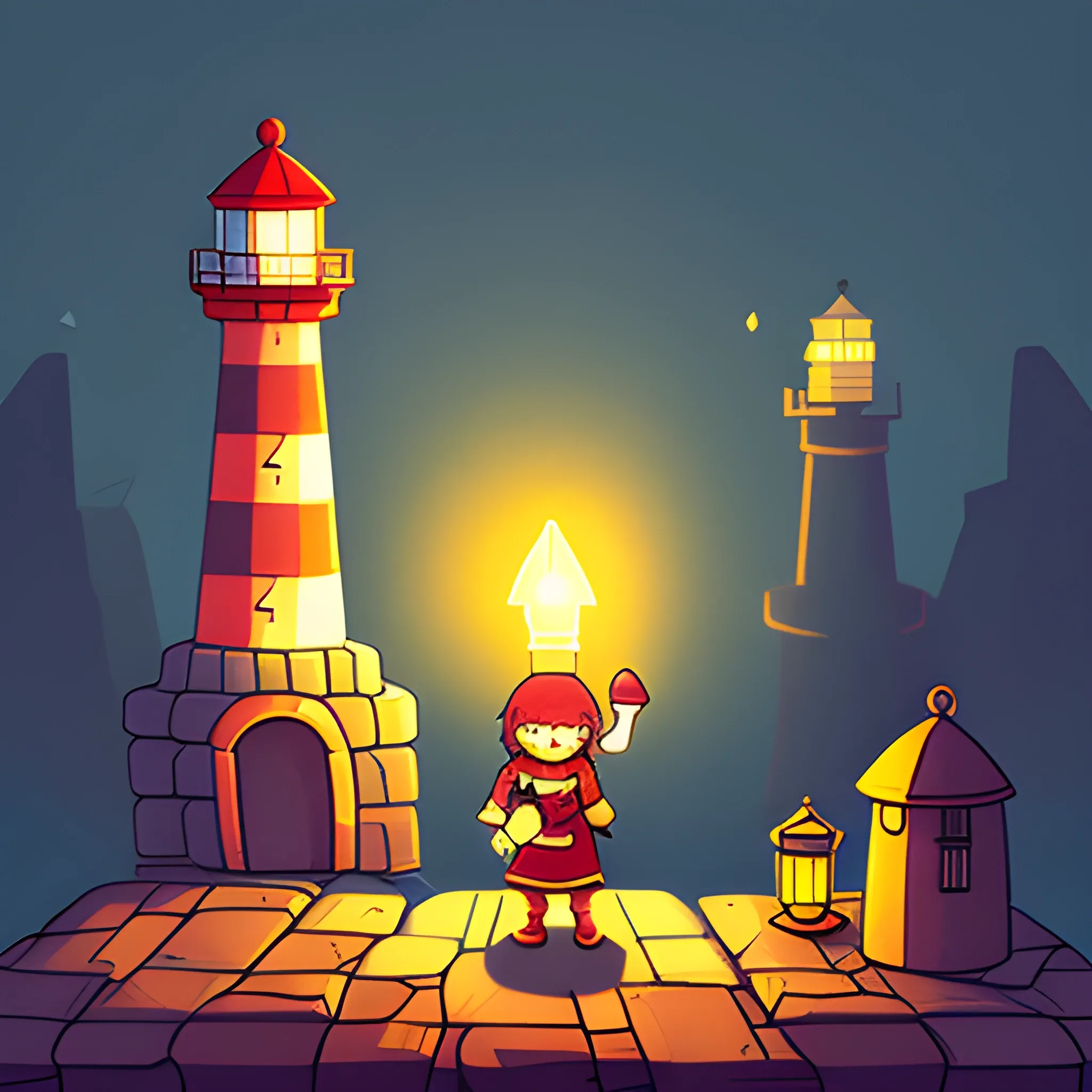 Niko from game OneShot. Lighthouse behind Niko. Niko holds lamp, 2D, 