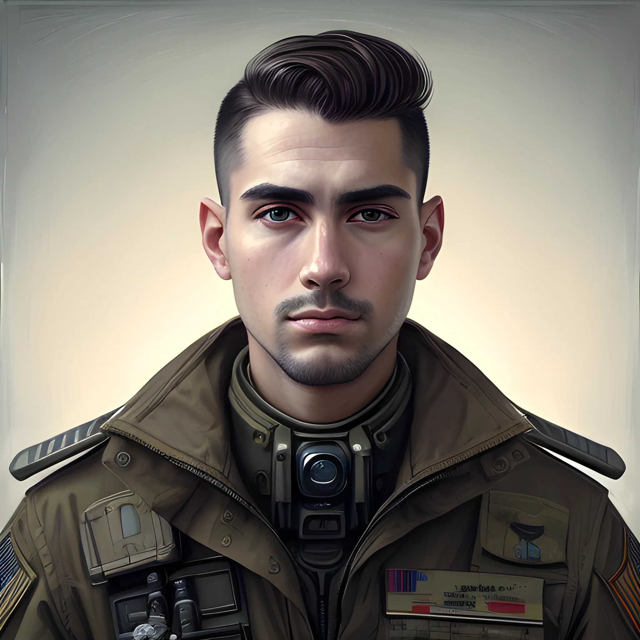 semi-realistic, masterpiece, portrait, adult man, man in his twenties, futuristic aesthetic, vintage, brown eyes, deep eyes, American, military, american marine, sci fi, stoic expression, dark hair, shorter hair, full body, crisp details, illustrated, niji 6, Midjourney, American forces, Detailed eyes, strong, sharp focus, perfect hands, perfect light, Oil Painting



