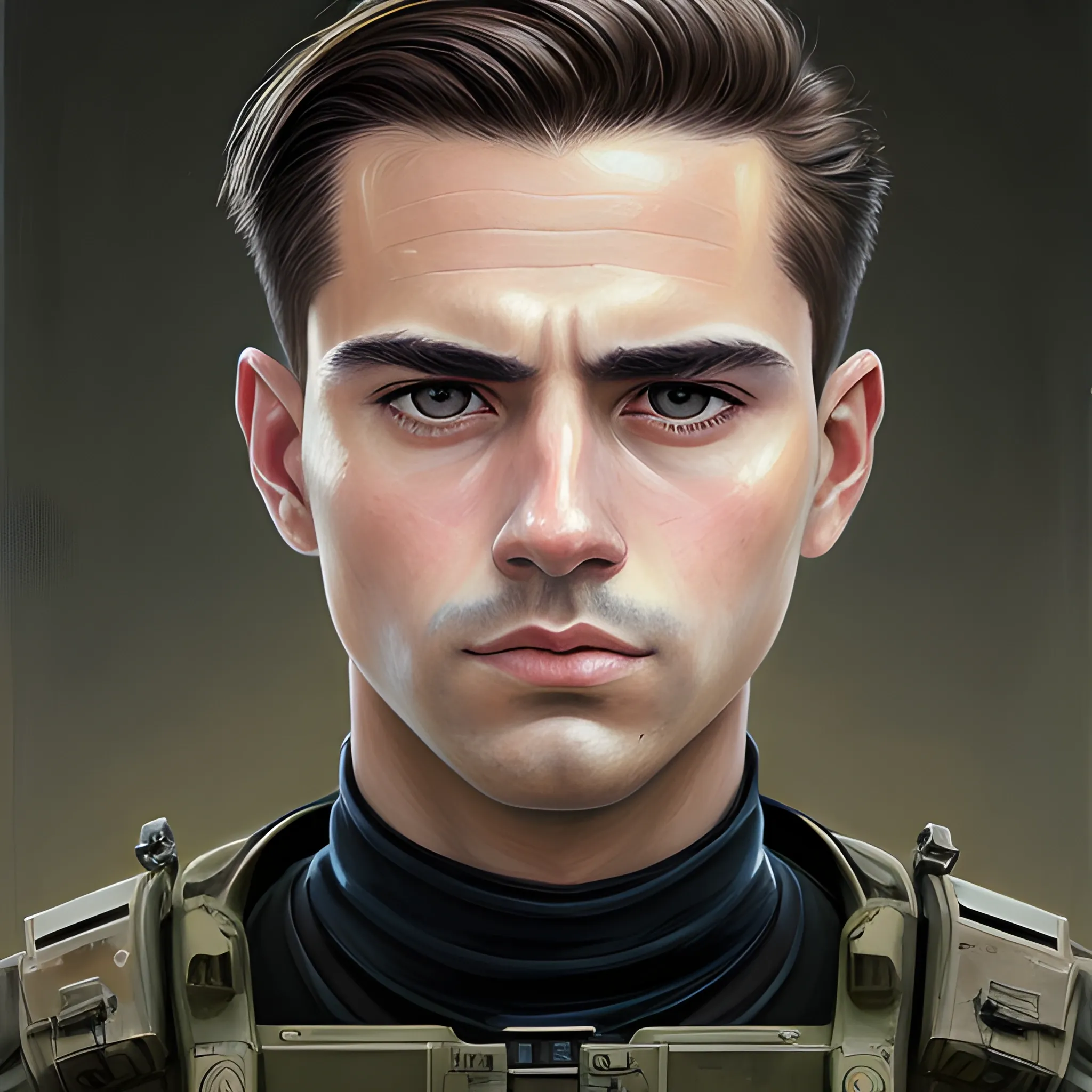 semi-realistic, masterpiece, portrait, adult man, man in his twenties, futuristic aesthetic, vintage, brown eyes, deep eyes, American, military, american marine, sci fi, stoic expression, dark hair, shorter hair, full body, crisp details, illustrated, niji 6, Midjourney, American forces, Detailed eyes, strong, sharp focus, perfect hands, perfect light, Oil Painting



