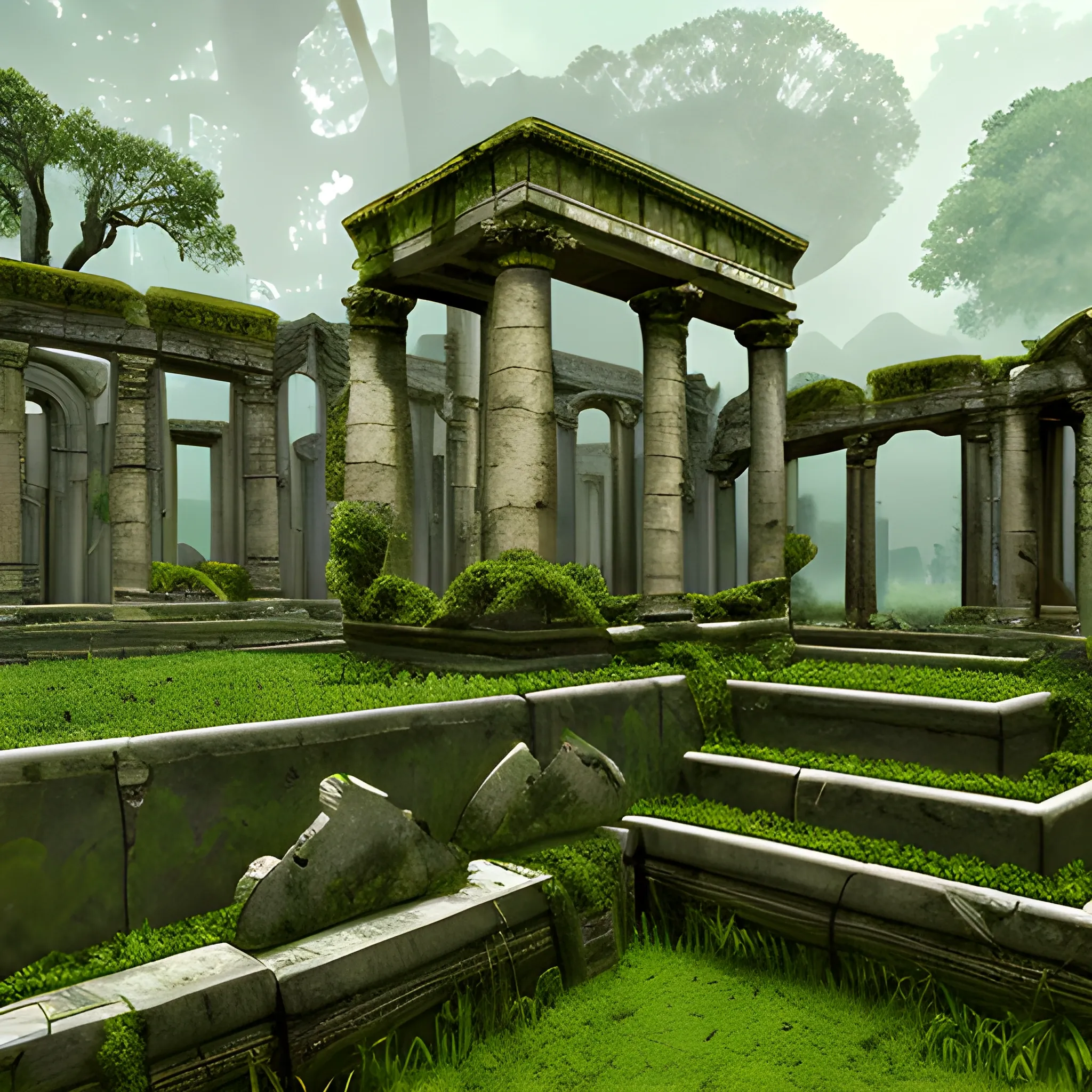 Description: Ancient ruins of a forgotten civilization, overgrown with vines and moss. Crumbling stone structures, mysterious glyphs, and hidden treasures.