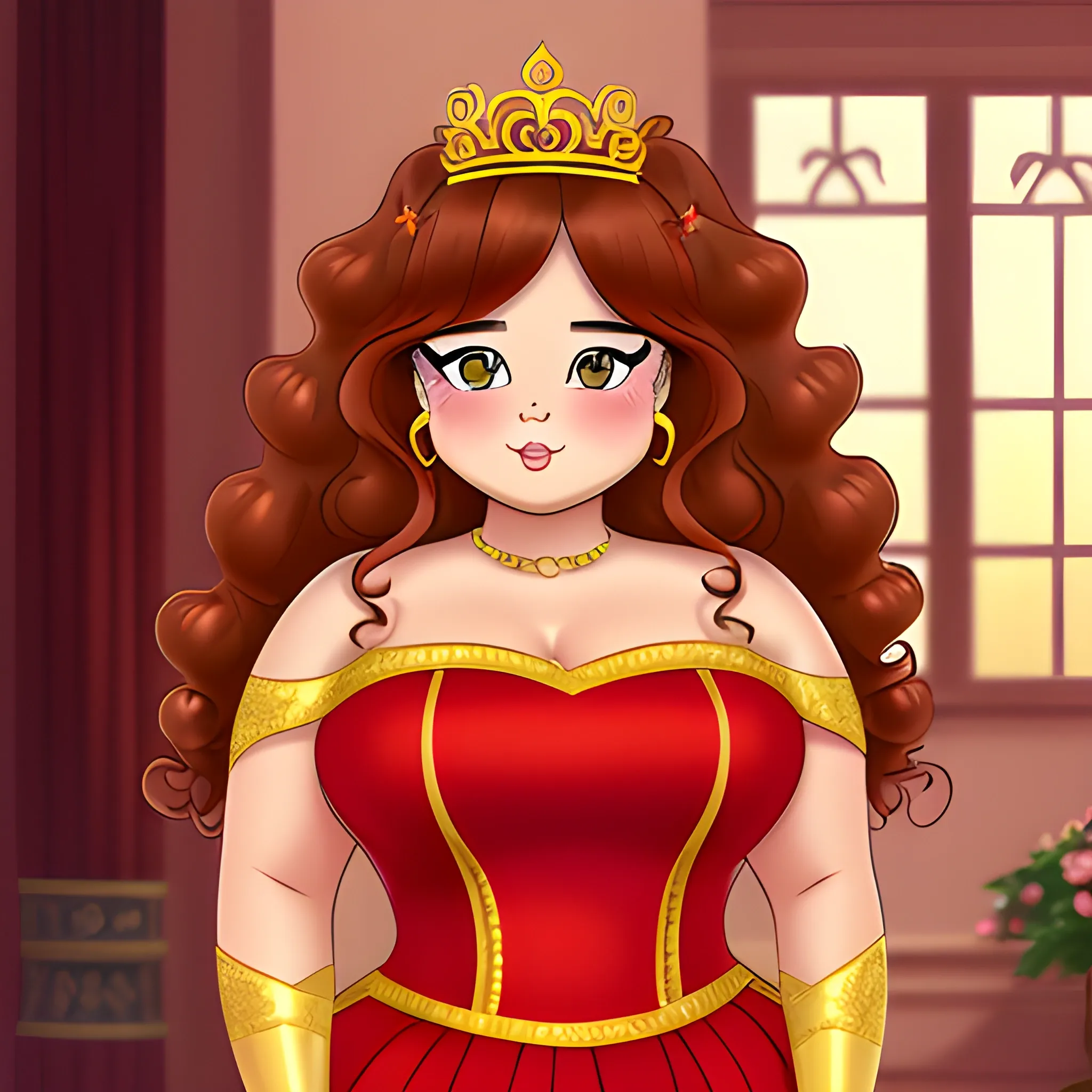 , Cartoon, tall chubby woman princess, tan skin, curly long hair, golden eyes, red royal dress 