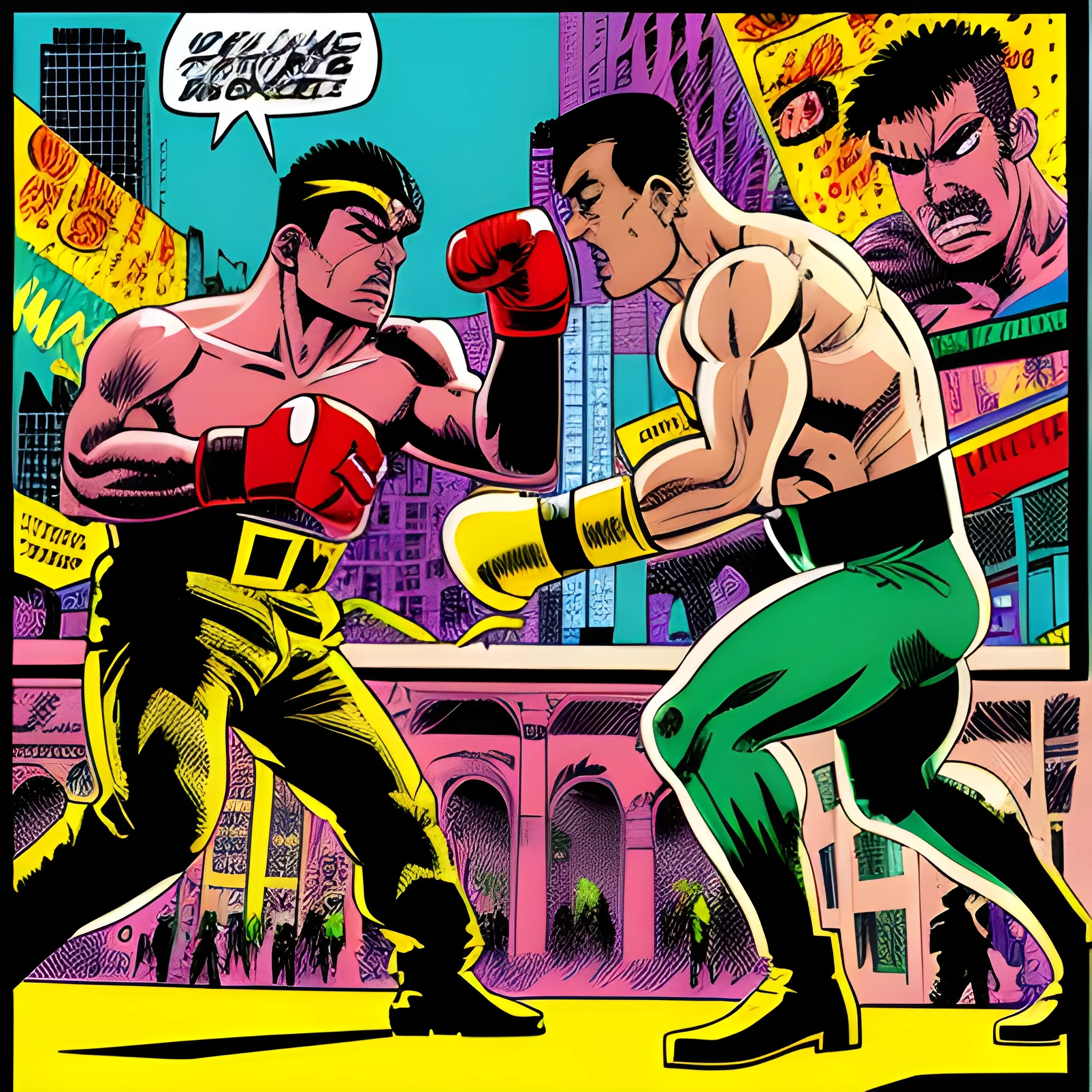 A dynamic confrontation unfolds in a bustling, vibrant urban setting, where a resolute Mexican fighter squares off against a cum. Graphic Novel. digital illustration. Pop Art by Frank Miller