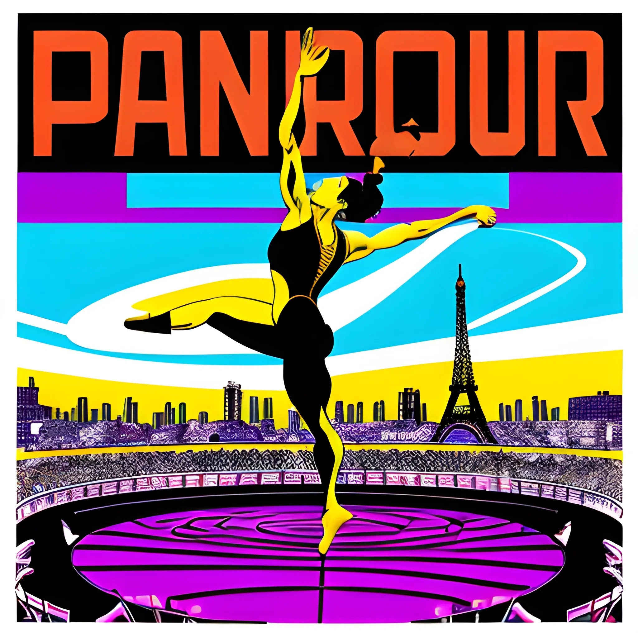 digital illustration, Pop Art by Frank Miller, text is "Olympic Paris 2024" Gymnast in mid-artistic routine at the Olympics, silhouette against a brightly lit arena, muscles tensed, perfect arcs of her body, motion blur capturing the dynamic movement, spectators in the stands blurred, focus on the graceful athlete. Eiffel Tower in background