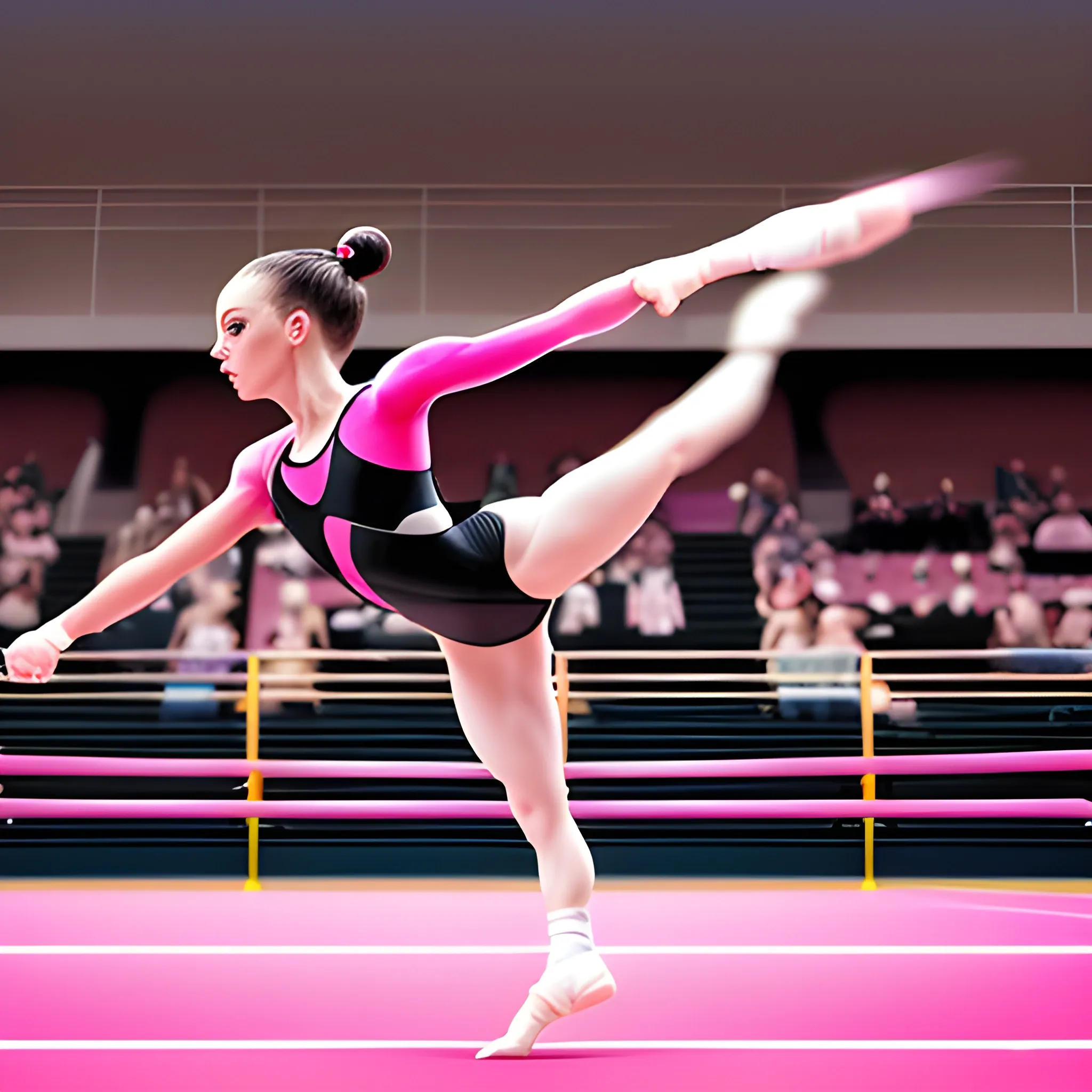 Artistic gymnast in mid-twist with a pink and black leotard, ribbon-like jump rope suspended mid-air behind her, chalk dust trailing from her hands, judge's scorecards in the background, spotlight on gymnast, audience blurred, athletic arena setting, tension and elegance captured, photo in high shutter speed, ultra clear, dynamic angle, dramatic lighting.